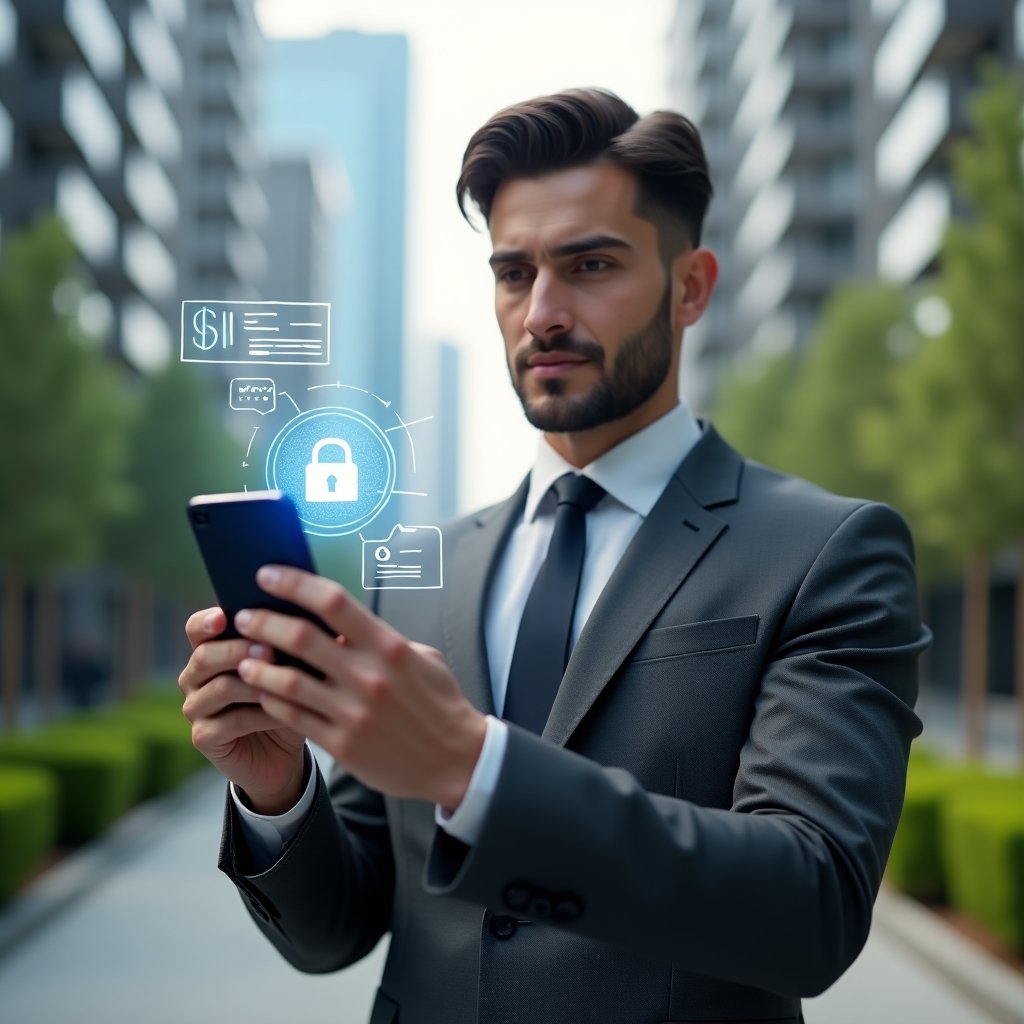 Ultra-realistic condominium manager in a charcoal gray executive suit, set in a modern luxury condominium environment with high-rise buildings and manicured green landscaping, half-body close-up holding a smartphone displaying holographic security lock icon, financial charts and chat bubbles, confident and focused expression, cinematic lighting, shallow depth of field, highly detailed textures, realistic skin, photographic realism, 8k resolution --ar 1:1 --v 6