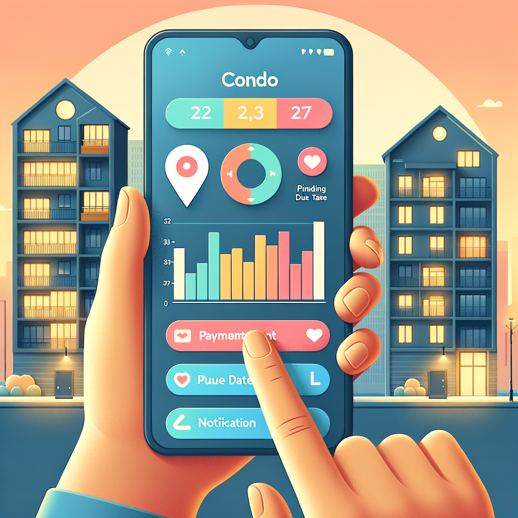 Produce a high-resolution illustration of a modern smartphone held by a hand with varying skin tones, showcasing a condo management dashboard on its screen. Include aspects like a colorful payment chart, pending due-date reminders, and notification badges. Set the scene with a sleek condominium building in the softly blurred background, under warm lighting. Maintain a professional flat design style with clean, subtle gradients, and minimal shadows for the entire scenery.