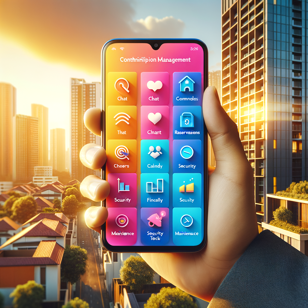 A vibrant, state-of-the-art smartphone being held by a South Asian male hand. The smartphone screen displays a sophisticated condominium management app UI. This interface includes vivid icons for chat communications, calendar reservations, financial charts, security locks, and maintenance tools. The background, though softly blurred, features a modern high-rise residential building bathed in warm daylight. The aesthetic of the image leans towards a minimal flat-design style, with clean lines and bright accent colors.