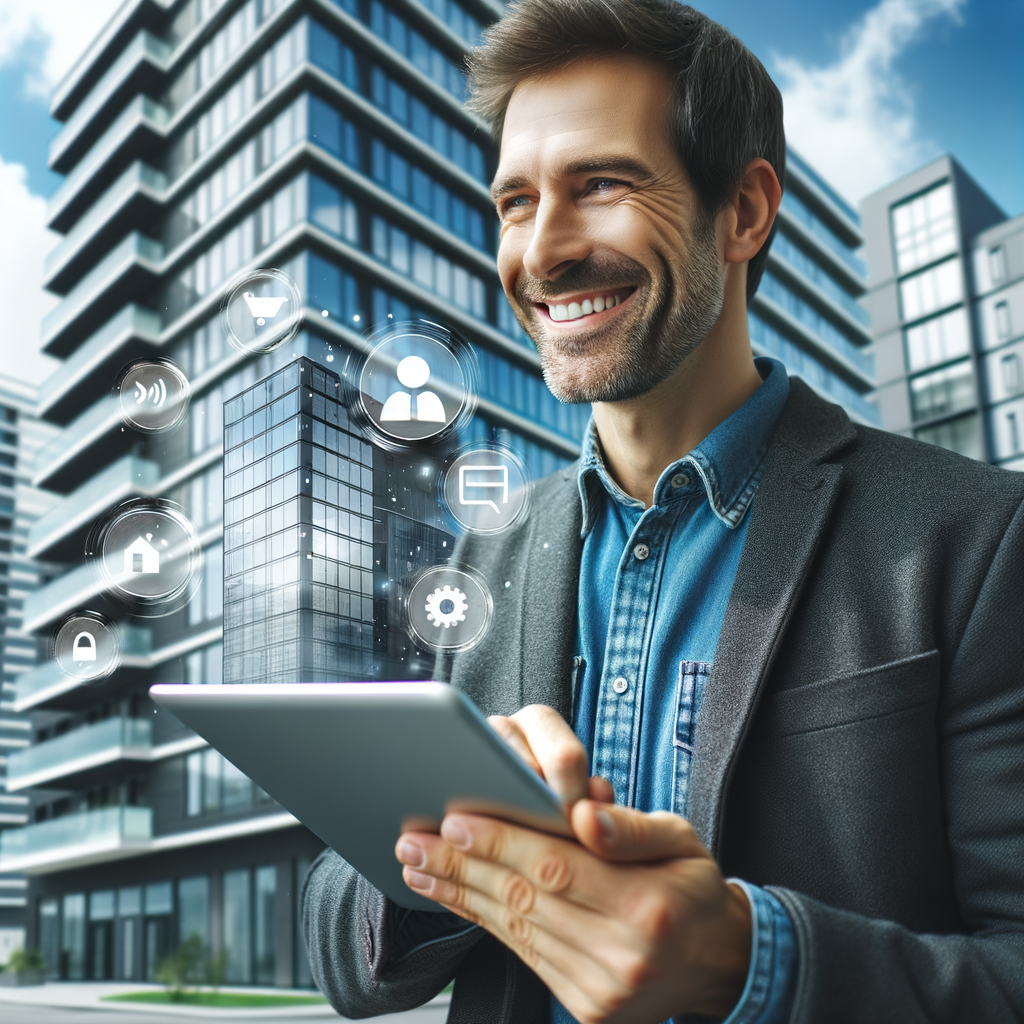 A Caucasian male building manager smiling, using a tablet to manage the building, with a modern building in the background and application icons floating around.