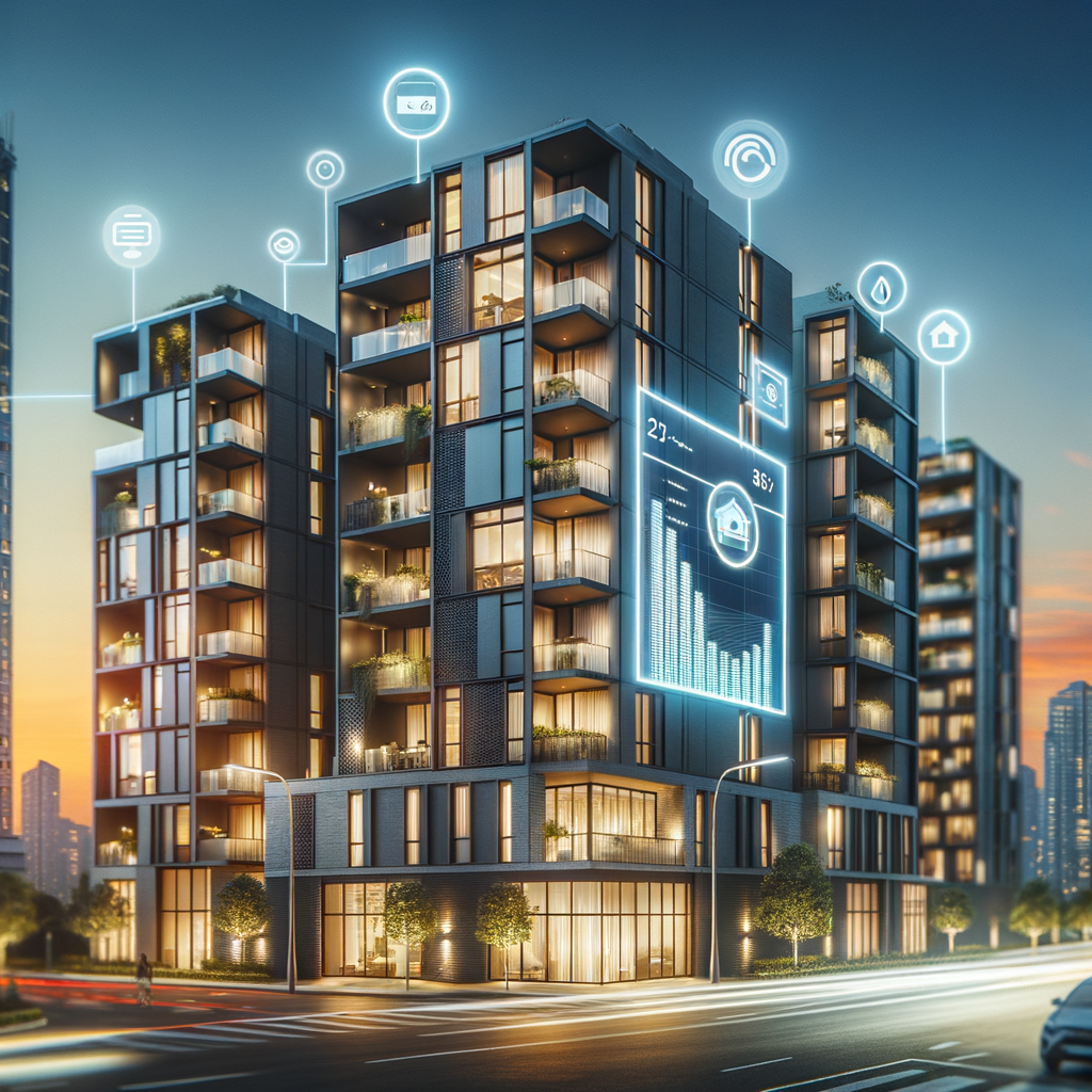 Picture a modern condominium building set against the backdrop of a dusk sky. The facade of the building is equipped with smart lighting mechanisms, subtly placed security cameras capturing every detail, and a digital display blinking with energy consumption data. The clear sky above adds a sense of security and modernity to the scene. The entire scene is captured using a wide-angle lens giving a broader perspective to the viewer.