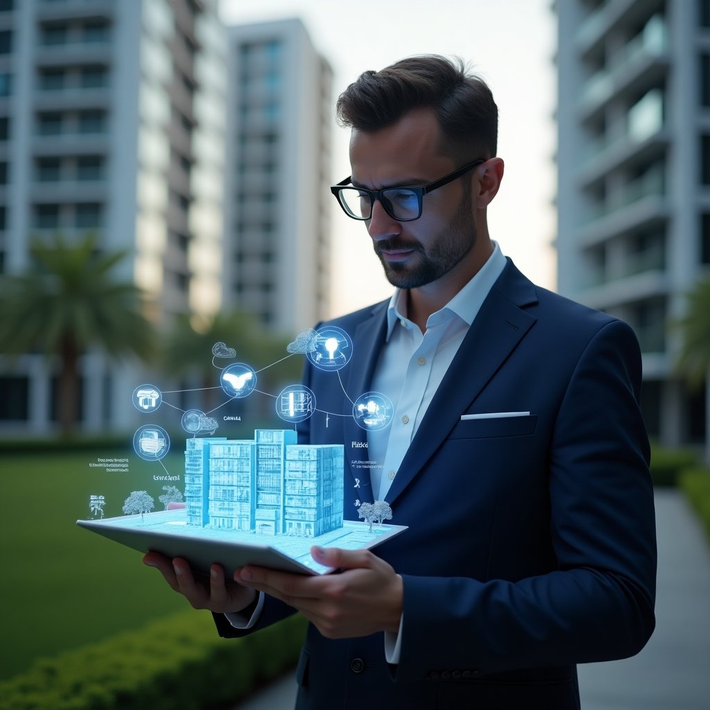(Ultra-realistic medium shot of a condominium manager in a navy blue tailored suit, set in a modern luxury condominium environment with high-rise buildings and manicured green landscaping, confidently holding a tablet projecting a holographic 3D building model with interactive smart sensors, glowing IoT icons for security cameras, smart lighting, and climate control floating around, cinematic lighting, shallow depth of field, highly detailed textures, realistic skin, photographic realism, 8k resolution --ar 1:1 --v 6)