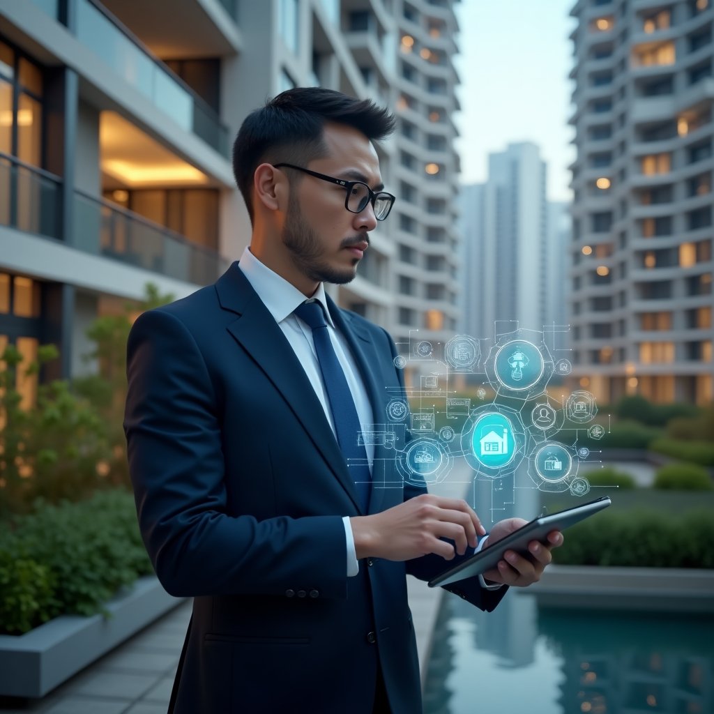 (Ultra-realistic property manager in a navy suit, set in a modern luxury condominium environment with high-rise buildings and green landscaping, confidently analyzing a holographic building automation interface projected above a tablet, surrounded by floating IoT and automation icons, cinematic lighting, shallow depth of field, highly detailed textures, realistic skin, photographic realism, 8k resolution --ar 1:1 --v 6)