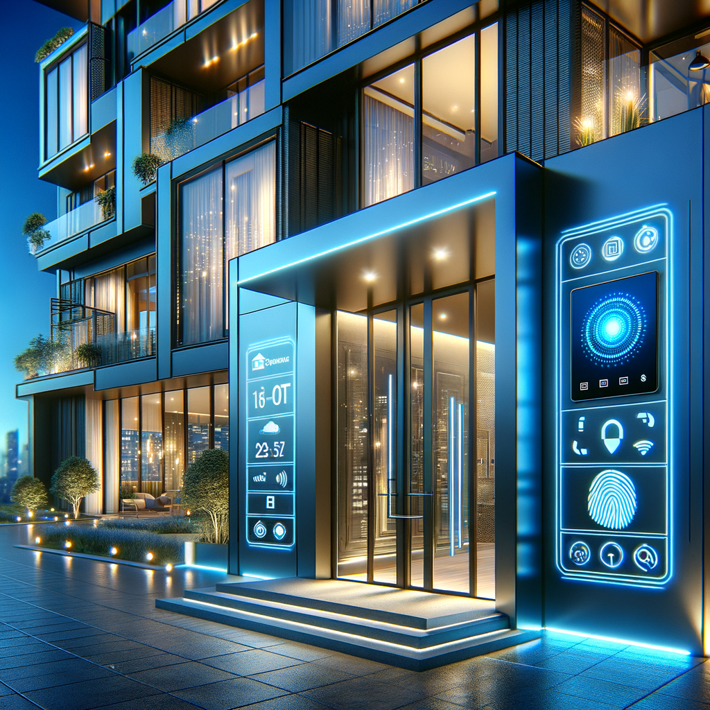 Create a high-resolution digital illustration of a modern condominium entrance at dusk. The architecture should feature sleek glass and metal accents, with visible Internet of Things (IoT) sensors and smart cameras around. A key detail is the illuminated biometric fingerprint scanner built into the door frame, for an added touch of safety. A wall-mounted touchscreen panel should be visible, displaying real-time energy usage charts and security logs, making the space as smart as it is stylish. To complete the scene, bathe everything in soft blue LED ambient lighting to create a futuristic yet welcoming atmosphere.