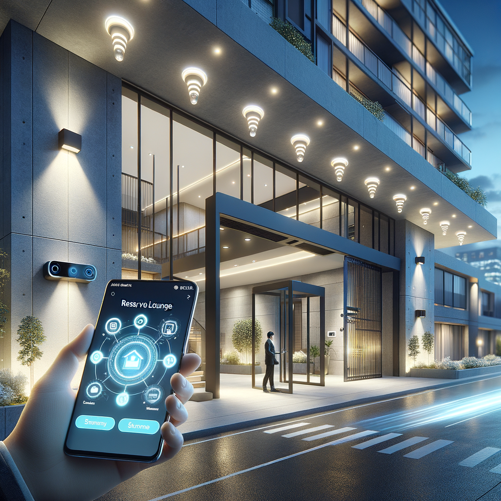 High-resolution, life-like scene of a contemporary condominium lobby and exterior during twilight. Visible features of smart building technology such as modern ceiling-mounted light sensors that regulate LED lighting, subtle security cameras observing entrances, and automated half-open sliding gates. In the forefront, a Caucasian male resident holds a smartphone showing a condo management application with a 'Reserve Lounge' screen. The scene radiates an atmosphere of cleanliness, brightness, and futurism—embodying the principles of safety, efficiency, and convenience.