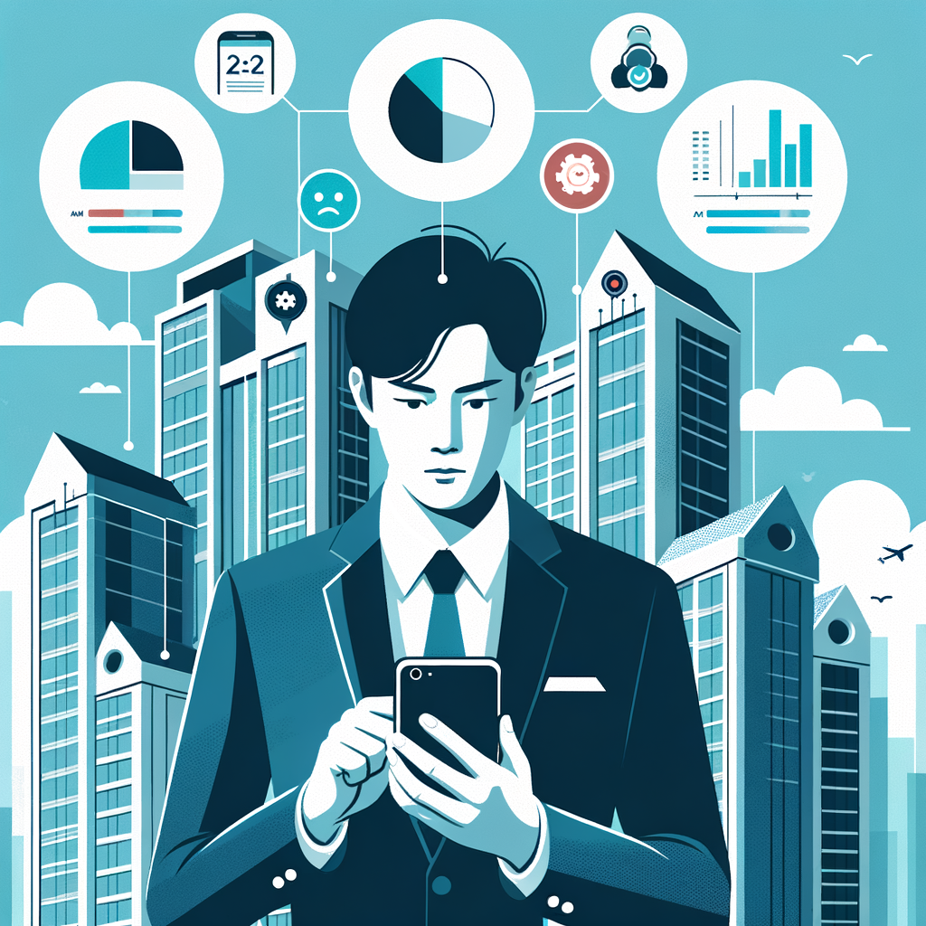 Create a minimalistic high-resolution vector illustration. The main subject is a South Asian male condominium manager, holding a smartphone. The smartphone's screen displays real-time bar charts, pie charts, maintenance icons and notification badges. The background presents sleek modern condo towers beneath a clear blue sky. Employ clean flat colors of blue, green, and white shades, and focus on crisp lines to reflect a professional tech-focused style.