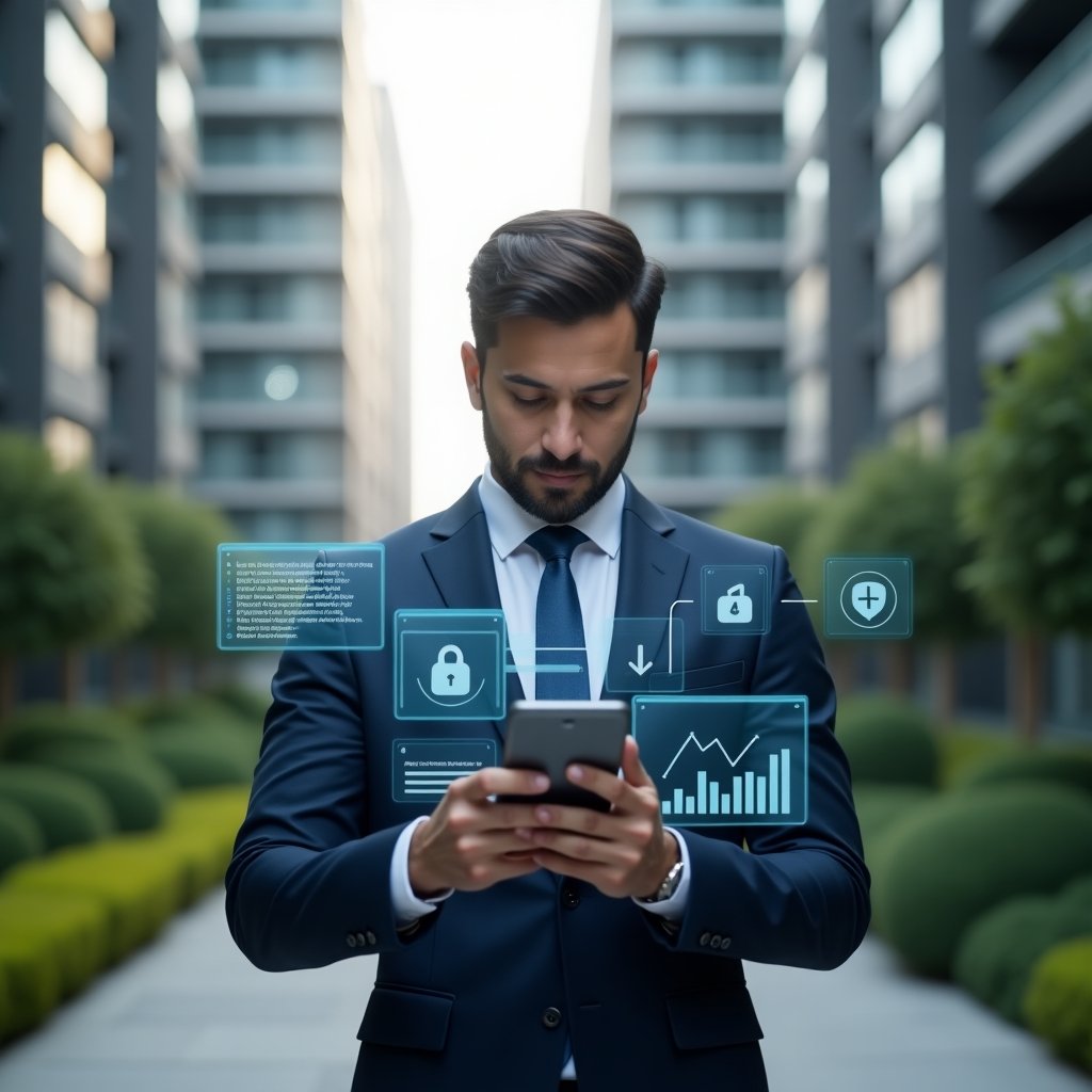 Ultra-realistic property manager in a navy blue suit, set in a modern luxury condominium environment with high-rise buildings and well-maintained green landscaping, mid-shot showing him holding a smartphone and interacting with a holographic dashboard of notifications, financial charts, maintenance checklists and security icons, confident and focused expression, cinematic lighting, shallow depth of field, highly detailed textures, realistic skin, photographic realism, 8k resolution --ar 1:1 --v 6