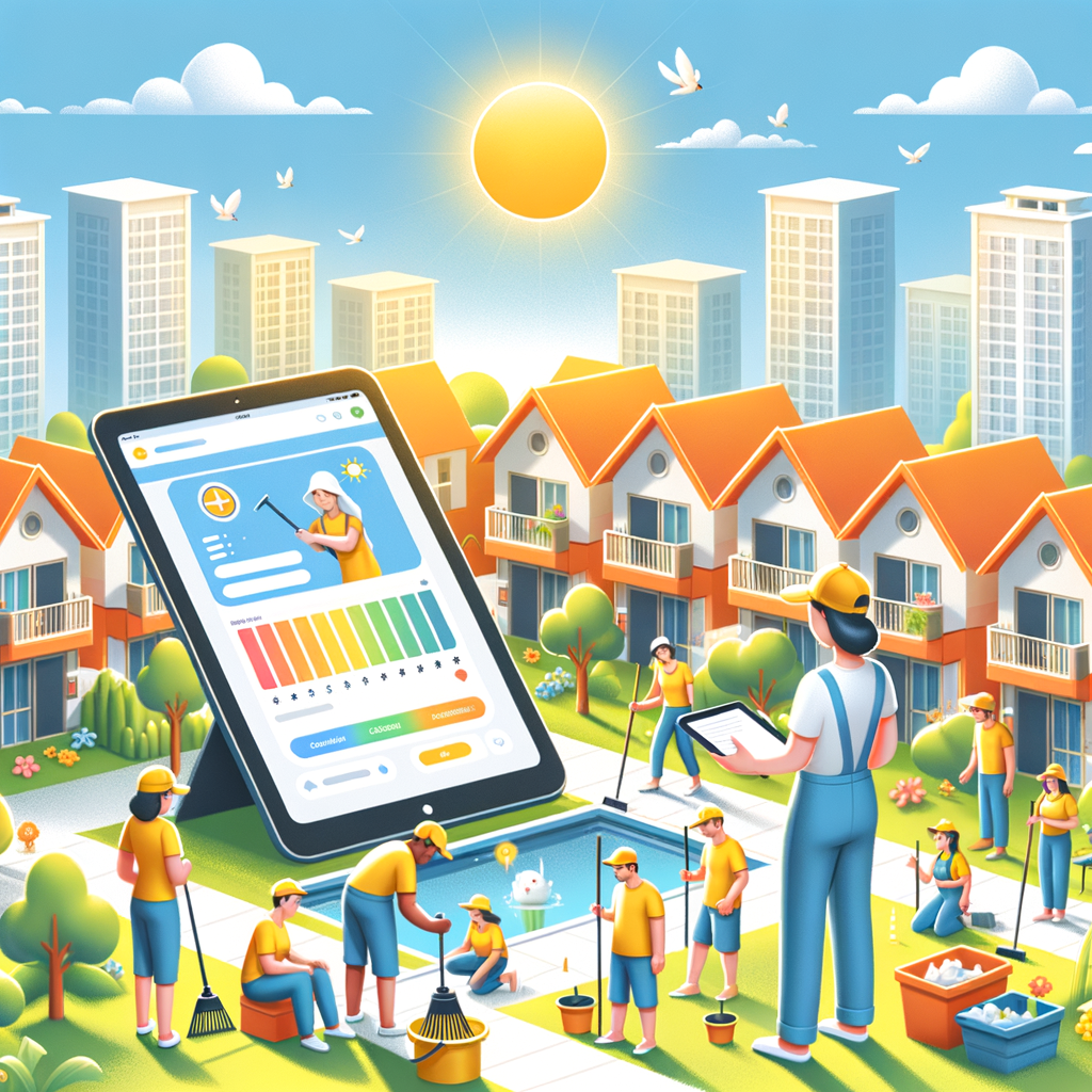Imagine a scene of a sunny residential complex, where the residents of diverse descents and different genders are actively engaged in cleaning and eliminating dengue hotspots, all supervised by a gender-neutral property manager. The highlight of the scene is the use of a condominium management application displayed on a tablet that shows the monitoring of risk areas and the communication with residents. The color palette of the image should be vibrant, capturing an atmosphere of collaboration and care.
