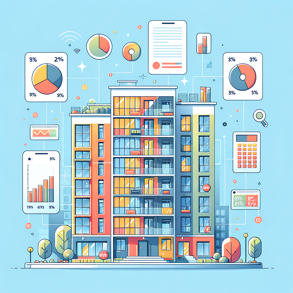 Create a clean, modern vector illustration of a multi-story residential building. Each apartment should be outlined and labeled with different percentage values, which are overlaid by semi-transparent pie charts and bar graphs. Floating digital symbols such as a smartphone, a calculator, and a document should surround the building, symbolizing a condominium management application. The color palette should be bright, cohesive and complement each other. Use a flat design style for the whole image. The end result should be of a high resolution.