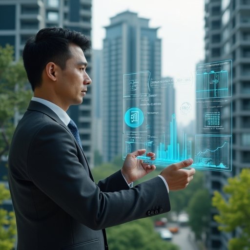 (Ultra-realistic condominium manager in a charcoal grey suit, set in a modern luxury condominium environment with high-rise buildings and manicured greenery, confidently examining a holographic interface displaying elevator energy consumption charts and safety icons, cinematic lighting, shallow depth of field, highly detailed textures, realistic skin, photographic realism, 8k resolution --ar 1:1 --v 6)