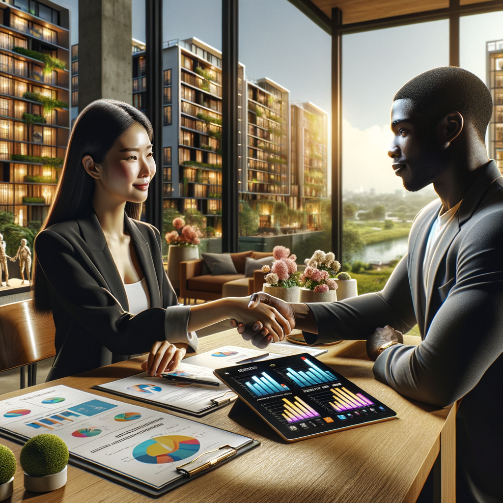 An Asian female modern condominium manager and a Black male service provider are shaking hands across a sleek wooden desk. They are intently reviewing vibrant charts and project proposals on a sleek tablet that displays a condominium management app. The scene is set in a bright, luxurious condo office flooded with natural sunlight. In the background, numerous potted plants and intricate architectural models can be seen, contributing to the warm professional atmosphere. The illustration is envisaged in a realistic style, with detailed features adding a touch of authenticity.