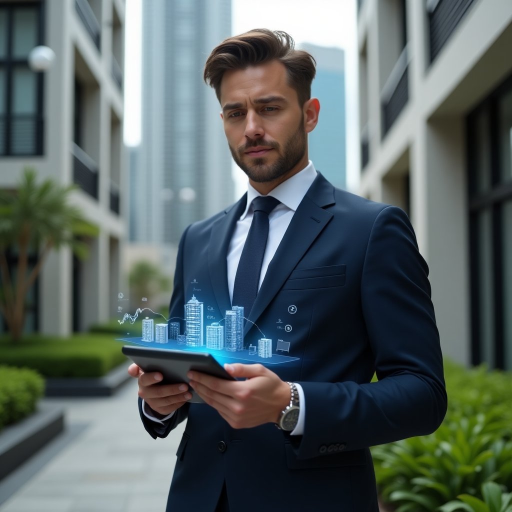 (Ultra-realistic condominium manager in a tailored navy suit, set in a modern luxury condominium environment with high-rise buildings and manicured green landscaping, holding a tablet that projects holographic financial charts and building icons, confident and thoughtful expression, cinematic lighting, shallow depth of field, highly detailed textures, realistic skin, photographic realism, 8k resolution --ar 1:1 --v 6)