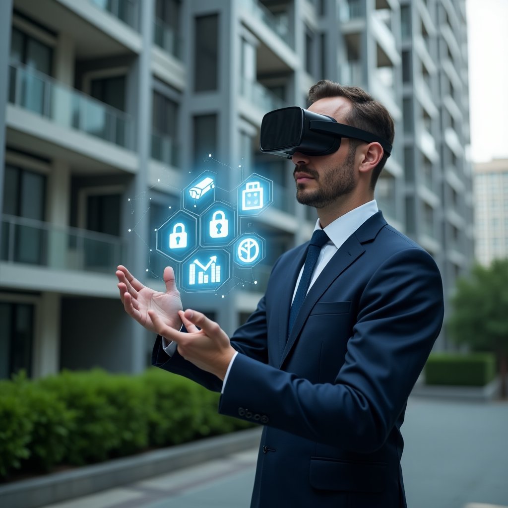 Ultra-realistic condominium manager in a navy business suit, set in a modern luxury condominium environment with high-rise buildings and lush green landscaping, mid-shot close-up, confidently analyzing a holographic interface displaying security cameras, alarm icons and financial charts, floating symbols of CCTV, padlock and dollar sign, cinematic lighting, shallow depth of field, highly detailed textures, realistic skin, photographic realism, 8k resolution --ar 1:1 --v 6