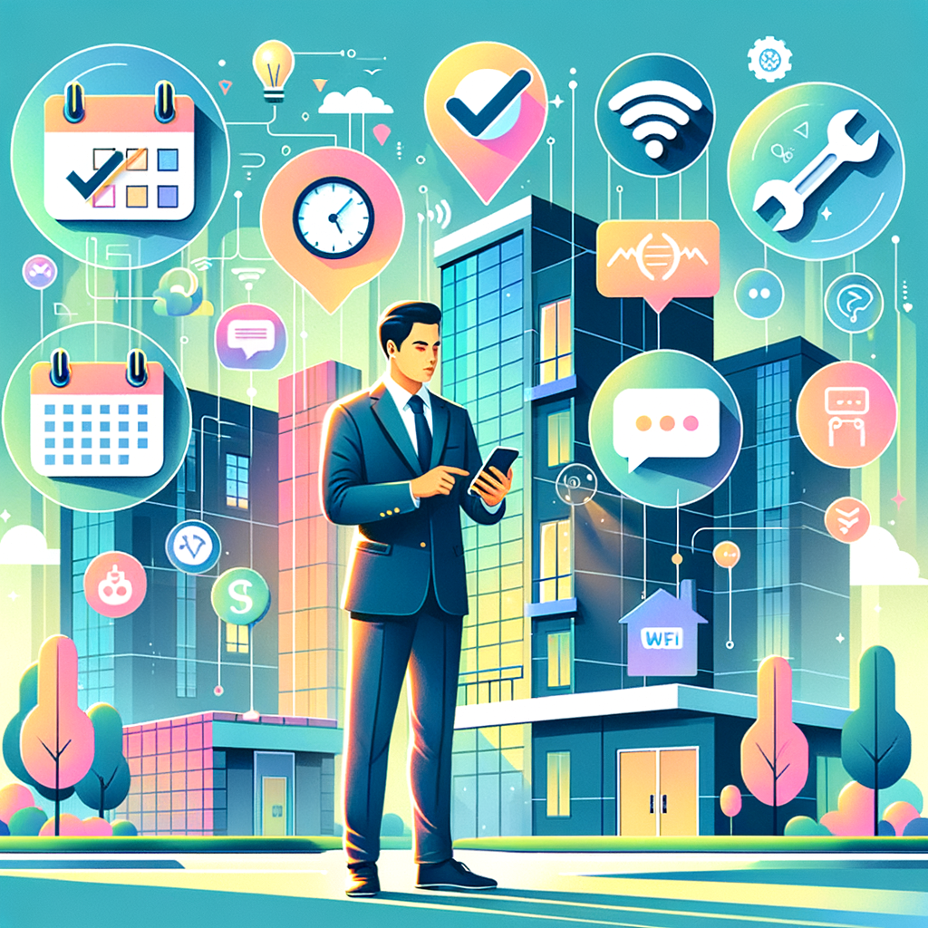 Create a high-resolution vector image portraying an assertive condo manager of South Asian descent, holding a smartphone displaying a dashboard. They are surrounded by floating semi-transparent icons: a ticket with check marks symbolizing financial automation, a calendar with a wrench standing for maintenance scheduling, a chat bubble icon for integrated communication, a gate with Wi-Fi waves illustrating remote access, and an icon of a water droplet and a lightning bolt representing consumption monitoring. The backdrop features a sleek modernized condominium building bathed in soft daylight. The style should be vibrant, flat design with neat lines and bold shades.