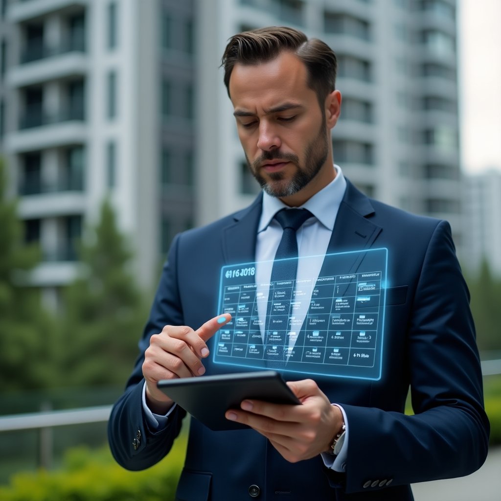 Ultra-realistic condominium manager in a navy blue suit, set in a modern luxury condominium environment with high-rise buildings and green landscaping, holding a tablet displaying a detailed digital calendar and pointing at a holographic schedule, floating calendar icons and check marks hovering around, confident and focused expression, cinematic lighting, shallow depth of field, highly detailed textures, realistic skin, photographic realism, 8k resolution --ar 1:1 --v 6