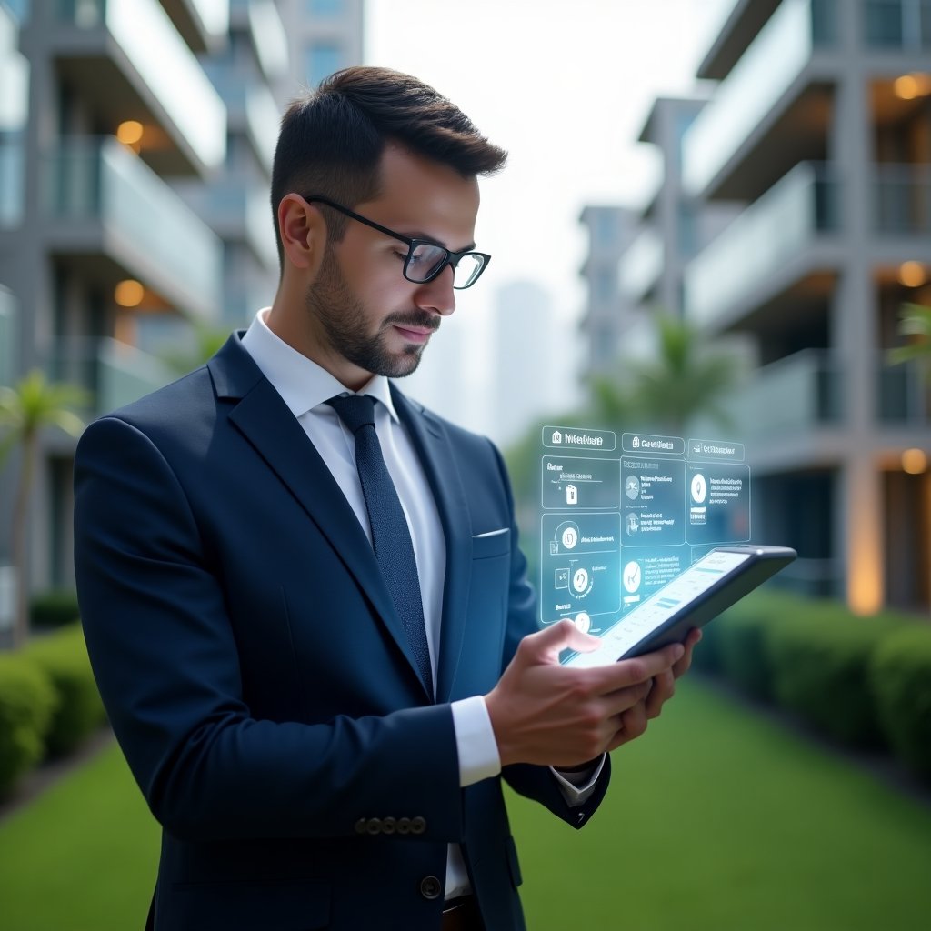 Ultra-realistic condominium manager in a tailored navy business suit, set in a modern luxury condominium environment with high-rise buildings and manicured green landscaping, confidently examining a digital tablet projecting a holographic activity schedule overlay with calendar icons, maintenance tools, and meeting symbols, cinematic lighting, shallow depth of field, highly detailed textures, realistic skin, photographic realism, 8k resolution --ar 1:1 --v 6