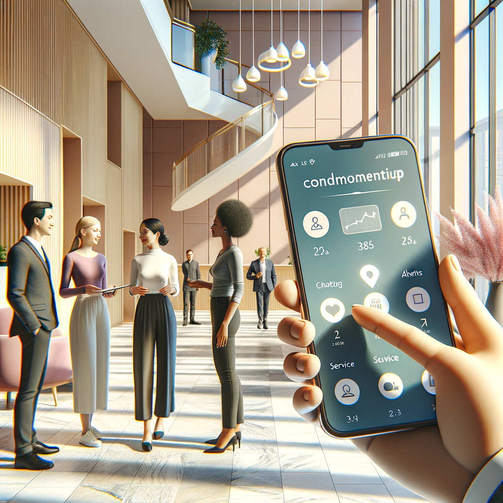 Illustrate a contemporary condominium lobby scene cast in gentle pastel tones. Depict casual interaction among residents of different descents: a Caucasian woman talking to a Middle-Eastern man, a Hispanic man standing near a Black woman. In the foreground, display a hand holding a stylish smartphone that reveals a condominium management application. It should feature elements like alert badges, a scheduling calendar for shared spaces, along with a compact financial graph. Scatter inconspicuous symbols for chatting and service requisitions across the scene. Execute this in a clean, semi-realistic style with stark contrast and vivid embellishments.