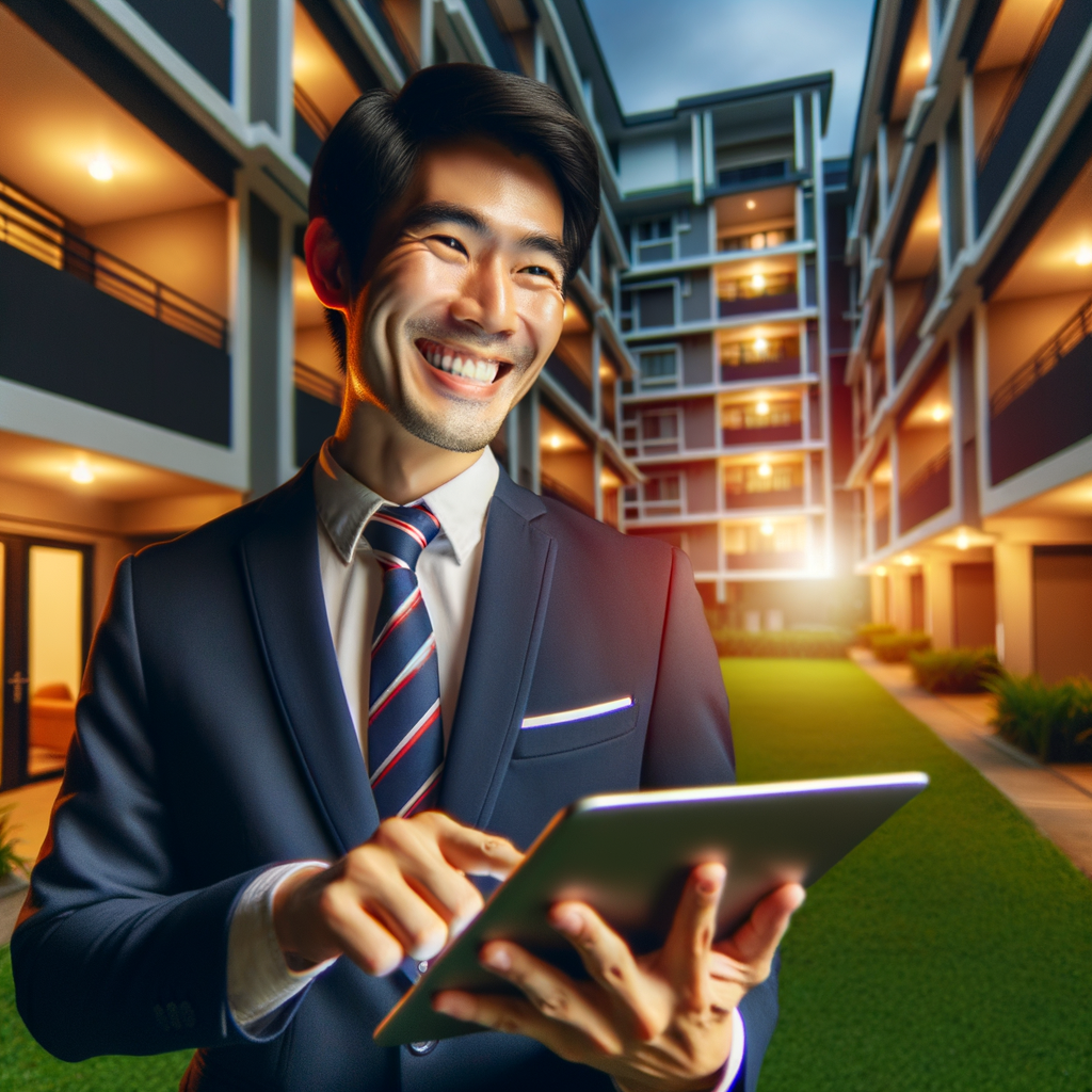 A vibrant photograph of a joyful property manager, of Asian descent and male gender, using a condominium management application on his tablet. The background features a well-maintained, modern condominium. The picture is illuminated by professional lighting which emphasizes the positive atmosphere of the scene.