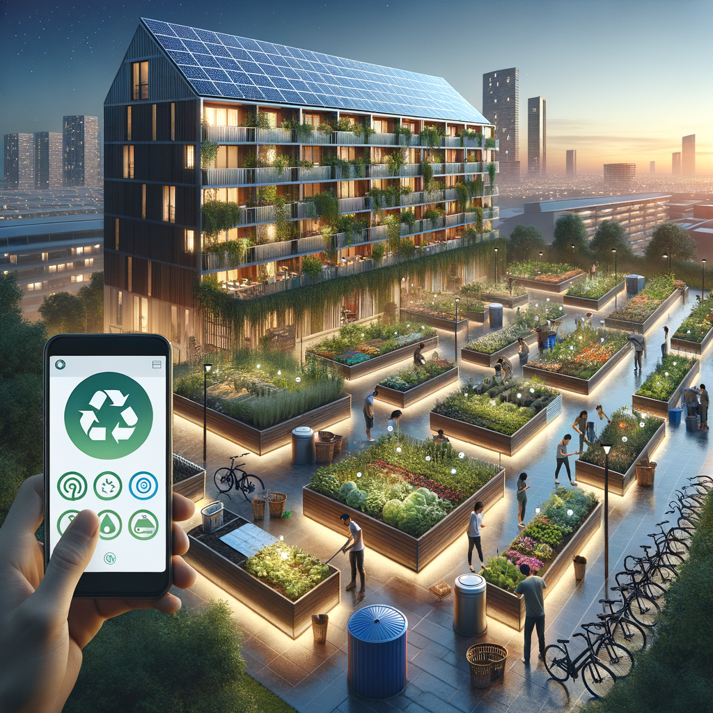 Generate a high-resolution image of an eco-friendly, modern condominium complex at sunrise. The scene should include rooftop solar panels glistening in the dawn light; lush communal gardens, complete with raised planters abundant with herbs and vegetables; people of various races and genders sorting recyclables into color-coded bins and maintaining a small composting area; a visible rainwater harvesting tank positioned at a corner. LED-lit trails create a winding path through these green spaces, leading to a bicycle rack where electric bikes are charging. Additionally, superimpose a semi-transparent image of a smartphone screen that displays an app used for condominium management, featuring icons for energy, water, waste, and community engagement.