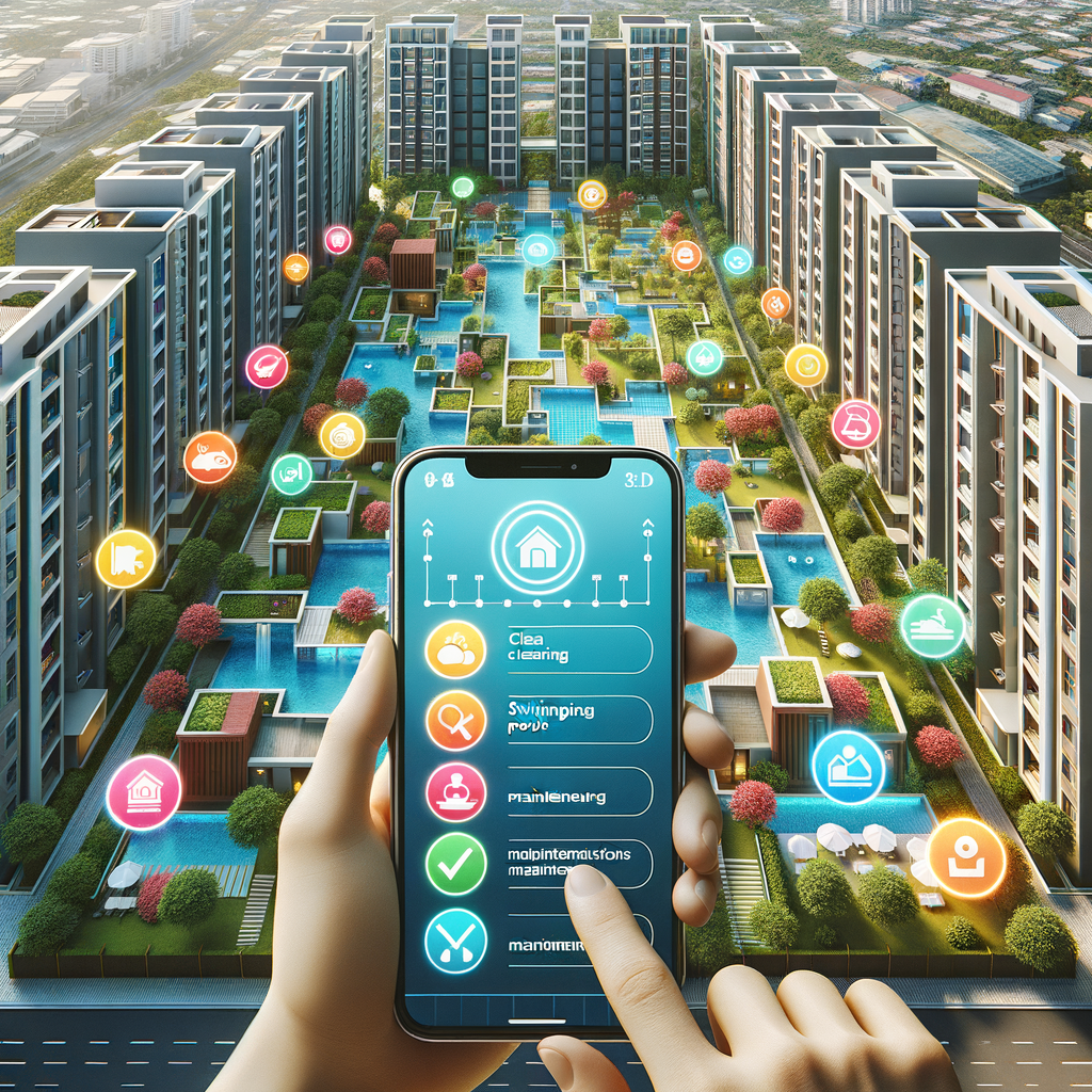 Create an image of a broad and HD panorama of a modern residential condominium complex captured from a slight bird's-eye perspective. The complex should be detailed with manicured gardens, swimming pools, and communal places. Toward the bottom of the image, depict a hand holding a smartphone that displays a brightly colored property management application with markings for services like cleaning, maintenance, inspections, and meetings. Digitally impose semi-transparent task icons and a timeline over the buildings, implying organization and efficiency. Use bold, welcoming hues, a subtle depth of field, clean, vector-style graphics, creating a contemporary, tech-savvy ambiance.