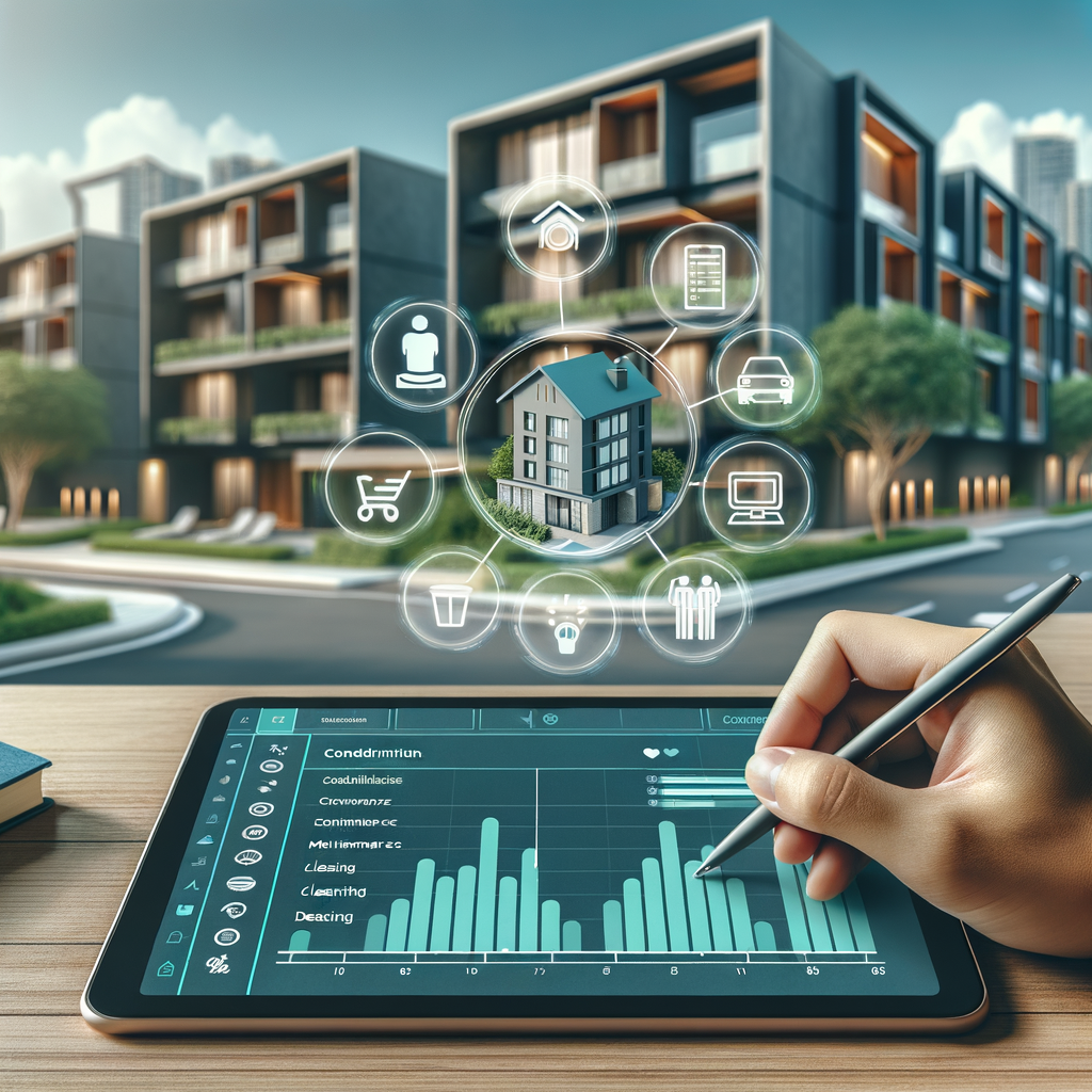 Create an image in a professional and modern design for a blog article about condominium management. The image should focus on a tablet displaying an exemplary, well-organized activity schedule, with clearly distinguishable icons each representing different tasks like cleaning, maintenance, and meetings. In the backdrop, visualize a modern and excellently maintained condominium, reflective of contemporary architectural design. The color scheme for the image should lean towards shades of blue, green, and neutral tones. Emphasize a style that combines minimalism and informative designs to perfectly tell the concept of condo management.