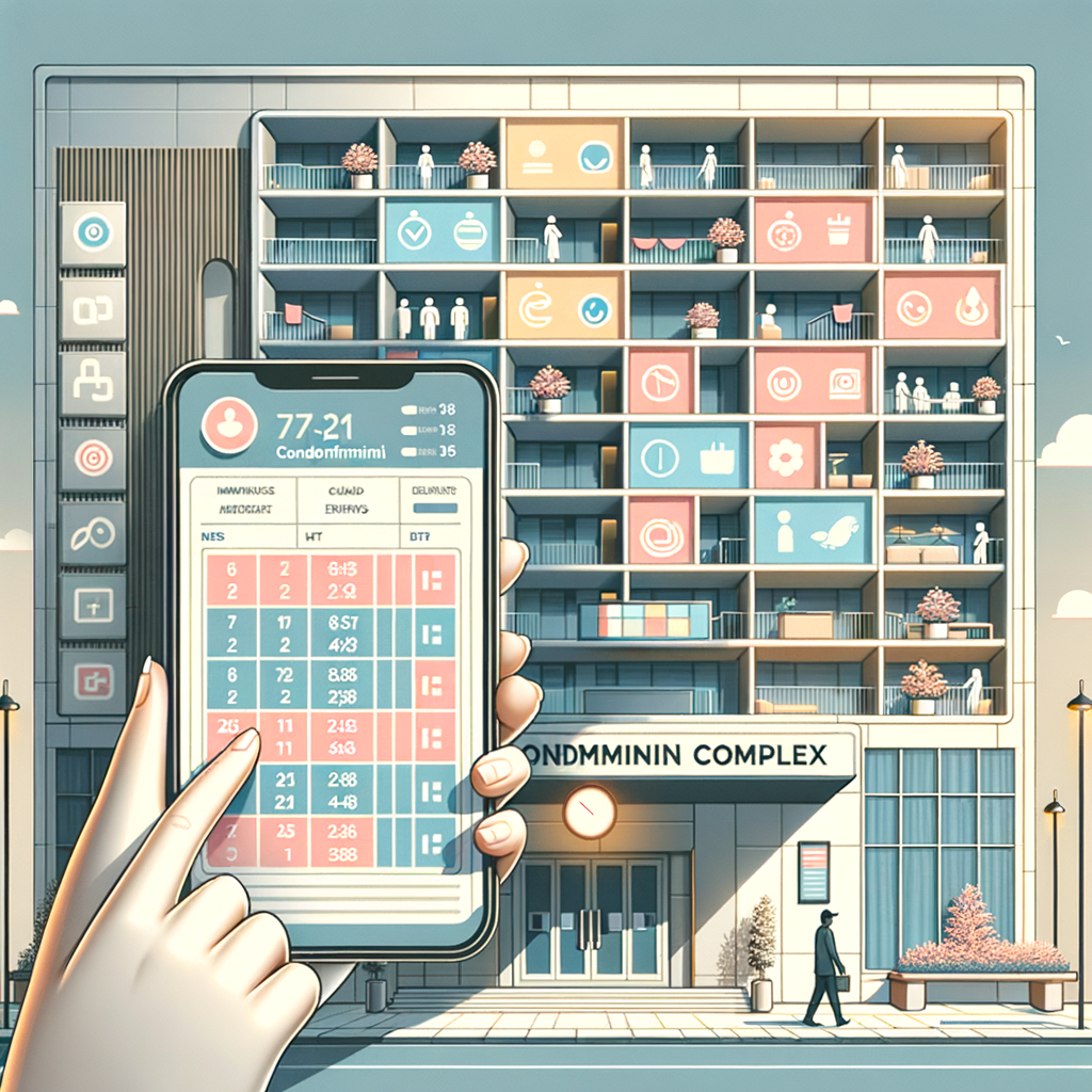 Create a clean, modern vector illustration of a multi-story condominium complex lobby. Include features like a large digital schedule board on the wall displaying a color-coded calendar of maintenance, cleaning, and events tasks. Incorporate high detail into the design to convey organization and efficiency. In the foreground, a hand is holding a smartphone that shows a user interface of a condominium management app. Utilize a soft pastel color palette and maintain a minimalistic style throughout the illustration.
