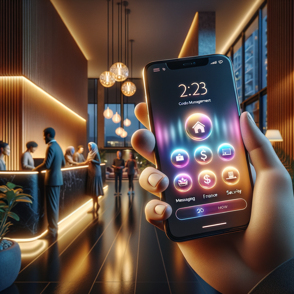 A hyper-realistic scene set during dusk inside of a modern luxury condominium lobby. The foreground presents a close-up view of a Caucasian resident's hand gracefully clutching a sleek smartphone. On the device's glossy screen is a vibrant condo management app UI seductively glowing with minimalist icons for messaging, booking, finance, security, and notifications. The background, subtly immersed in warm, gentle ambient lighting, captures the leisurely interactions between different neighbors: a Middle-Eastern man, a Black woman, and a Hispanic woman, all exchanging pleasantries by the reception desk and amenity areas. The overall picture displays a wonderful illustration of connectivity, innovation, and ease of use through beautifully detailed textures and inviting warm tones.