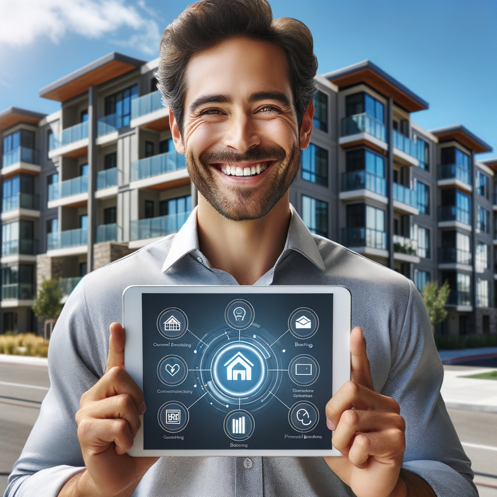 A friendly and capable Hispanic condominium manager, garbed in business casual attire, grins cheerfully while engaging with a user-centric condominium management software visible on his tablet. The tablet presents a neat, user-friendly surface decorated by visibly clear icons denoting core facets such as communication channels, booking systems, and financial breakdowns. Serving as a backdrop, a contemporary, impeccably maintained condominium ensemble stands proudly under a clear, sunny sky, implying a flourishing and efficiently run neighborhood. The entire image composition should emanate feelings of operational efficiency, easy accessibility, and a positive sense of community involvement via digital means.