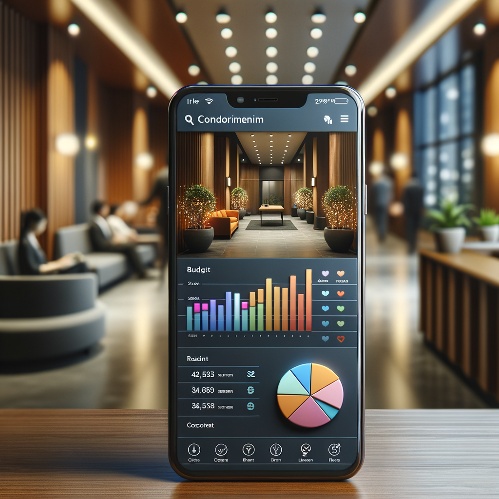 A sleek, modern smartphone rests on a polished wooden desk, its glowing screen prominently displaying a graphic-packed condominium management app dashboard. It's decorated with vibrant bar charts, colorful pie charts, and featuring real-time budget figures. In the softly lit, blurred background, an inviting condominium lobby unfolds. A reception desk resides along with well-maintained potted plants and the obscured silhouettes of residents; with various genders and different descents seen moving or milling about. The image is to be envisioned as a digital art piece, imbued with high-detail rendering, and utilizing a clean, professional style.