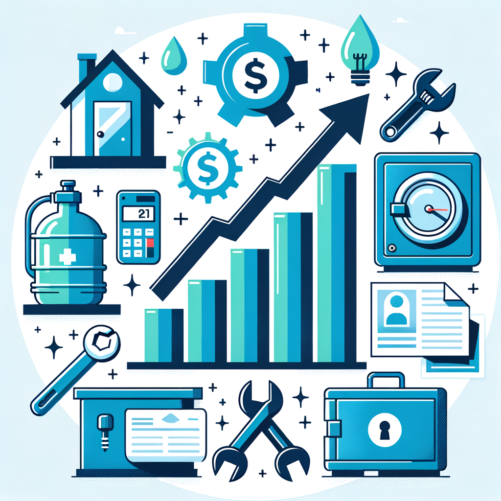Create a clean, modern, flat-style illustration. In the center, there should be an ascending bar chart, symbolizing financial growth in condominiums. Around this central chart, incorporate stylized icons: a water bill, an electricity bill, maintenance tools, specifically a wrench and a screwdriver, and a secure vault. To communicate the ideas of transparency, efficiency, and organization, all elements should be rendered in a cohesive palette of blues and greens.