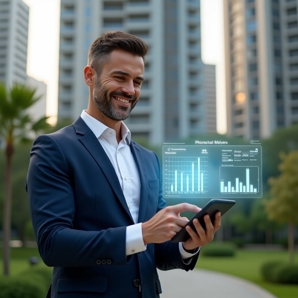 Ultra-realistic property manager in a tailored navy blue suit and crisp white shirt, set in a modern luxury condominium environment with high-rise buildings and lush landscaped gardens, medium shot capturing the manager smiling confidently at a tablet projecting a holographic irrigation schedule and cost-saving bar chart icons, cinematic lighting, shallow depth of field, highly detailed textures, realistic skin, photographic realism, 8k resolution --ar 1:1 --v 6