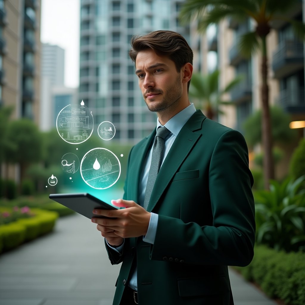 Ultra-realistic condominium manager in a dark green tailored suit, set in a modern luxury condominium with high-rise apartment towers and meticulously manicured gardens, holding a digital tablet displaying irrigation system diagrams and budget graphs, surrounded by holographic icons of water drops and plant sprouts symbolizing sustainable landscaping, confident and focused expression, cinematic lighting, shallow depth of field, highly detailed textures, realistic skin, photographic realism, 8k resolution --ar 1:1 --v 6