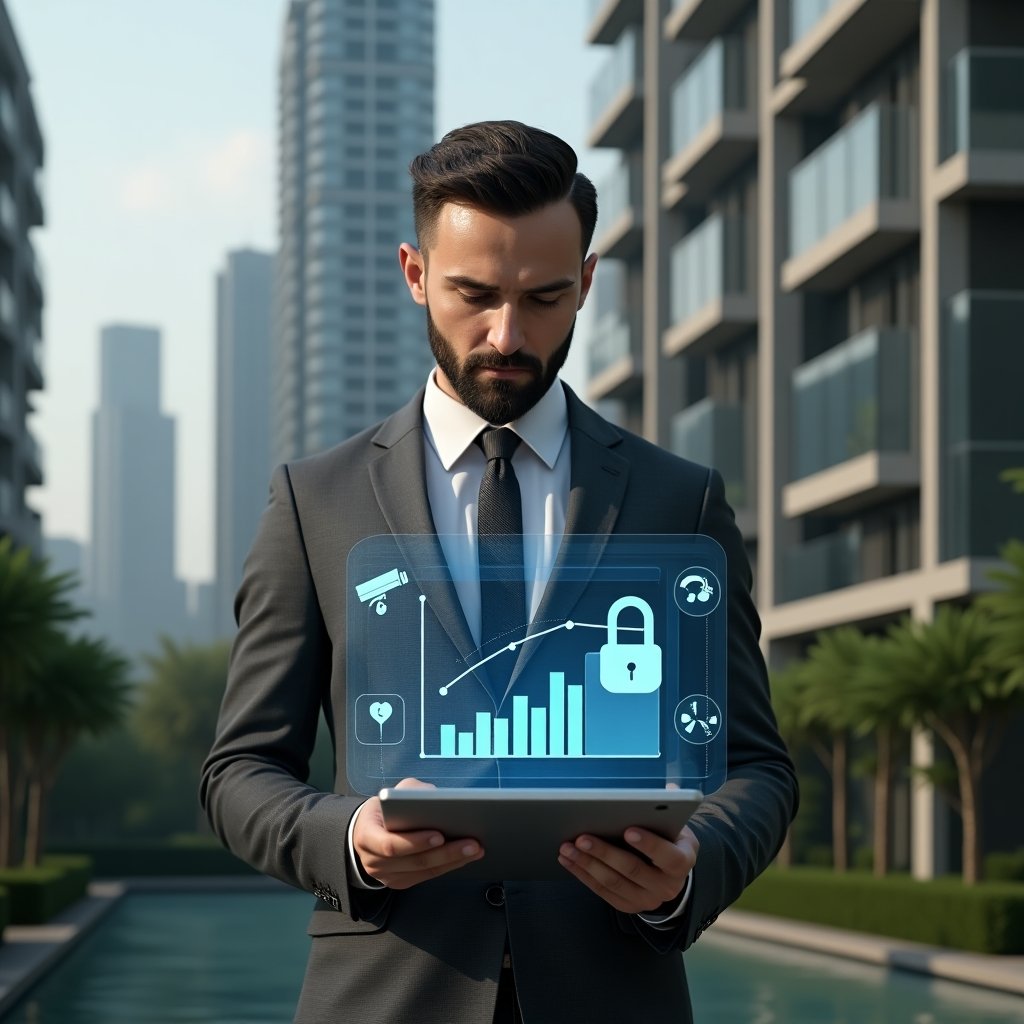 Ultra-realistic condominium manager in a charcoal gray tailored suit, set in a modern luxury condominium environment with high-rise buildings and manicured gardens, medium close-up of a confident professional analyzing a holographic budget security audit chart on a sleek tablet, with floating icons of padlock, CCTV camera and pie-chart, cinematic lighting, shallow depth of field, highly detailed textures, realistic skin, photographic realism, 8k resolution --ar 1:1 --v 6