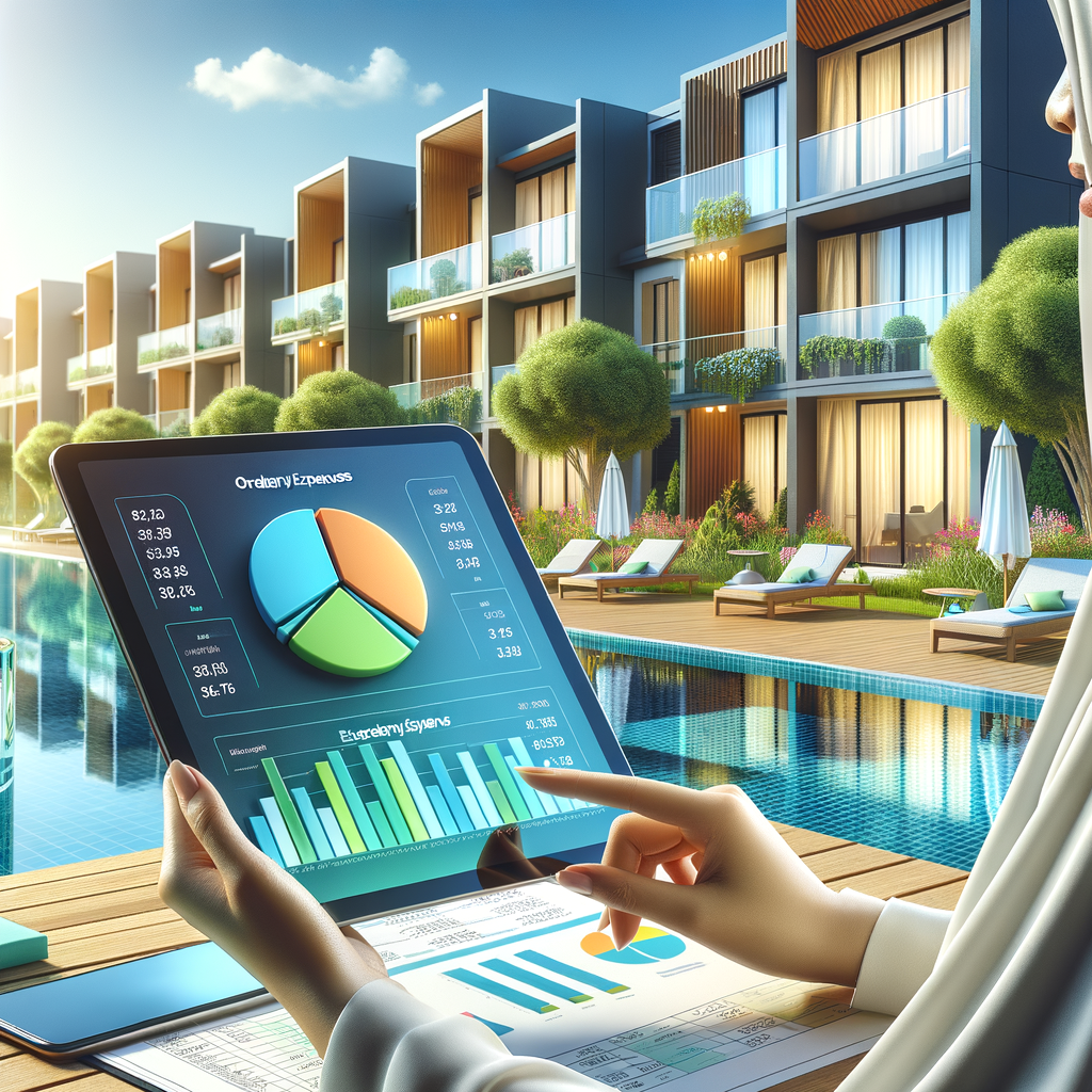 Digital illustration of a contemporary condominium building façade on a vibrant sunny day, with lush gardens and a swimming pool upfront. In the foreground, a Middle-Eastern female condo manager holds a sleek tablet displaying a vivid pie chart divided into 'Ordinary Expenses' and 'Extraordinary Expenses' alongside financial information. The image is designed in a clean, professional style with balanced composition, gentle natural lighting, highlighting the sense of community and efficient management.