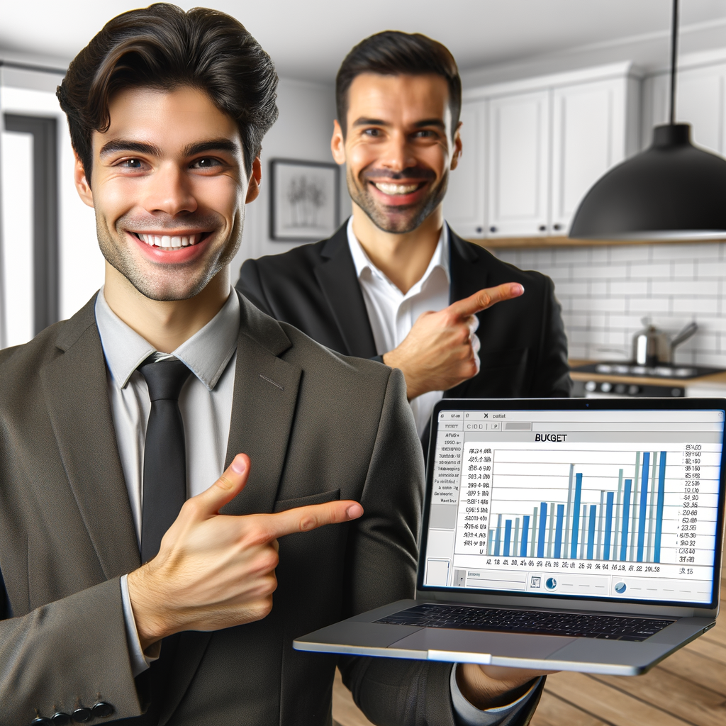 A smiling property manager of Hispanic descent pointing at a bar chart demonstrating the budget of the condominium, with an open laptop next to him showing the interface of a condominium management system.