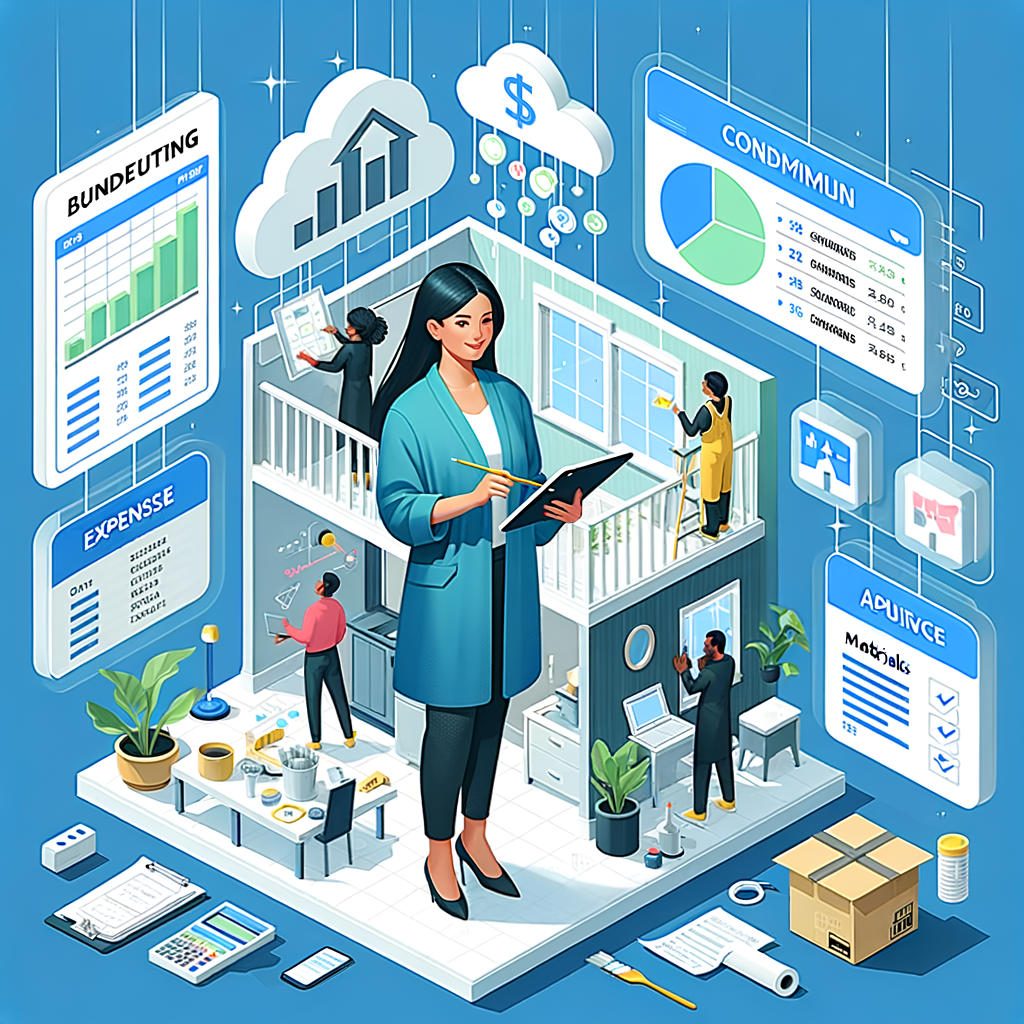 Modern flat illustration of a condominium after renovation. In the scene, a South Asian woman in the role of a skilled condominium manager is seen holding a tablet from which holographic images of budgeting charts, a Gantt timeline, expense checklists, and invoices seem to emanate and float around her. In the background, a Middle-Eastern man and a Black woman are adding the finishing touches, painting the walls and installing fixtures. Interspersed in the scene are icons indicating materials, costs, and approvals. The color palette is bright and clean, with the isometric perspective offering a high-detail view of the entire scene.