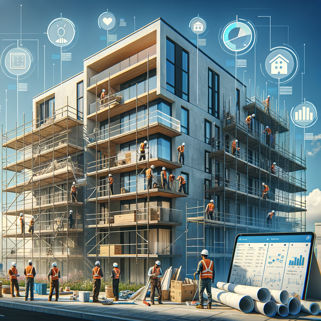 Create a high-resolution digital illustration showcasing the front side of a modern condominium undergoing renovation. The scene should include scaffolding with workers in safety gear installing panels and painting walls, all under a bright blue sky. These workers include both men and women from diverse descents such as Caucasian, Hispanic, Black, Middle-Eastern, South Asian, and White. In the foreground, depict semi-transparent overlays of a digitized property management app interface showing budget charts, timelines, and alert notifications. Also in the foreground, illustrate a neatly organized pile of blueprints, measurement tools, and a tablet showcasing a floor layout, resting on a ledge. The styling of the image should blend realistic textures with clean, slightly abstract lines and vibrant colors, all to convey progress, transparency, and technological efficiency.