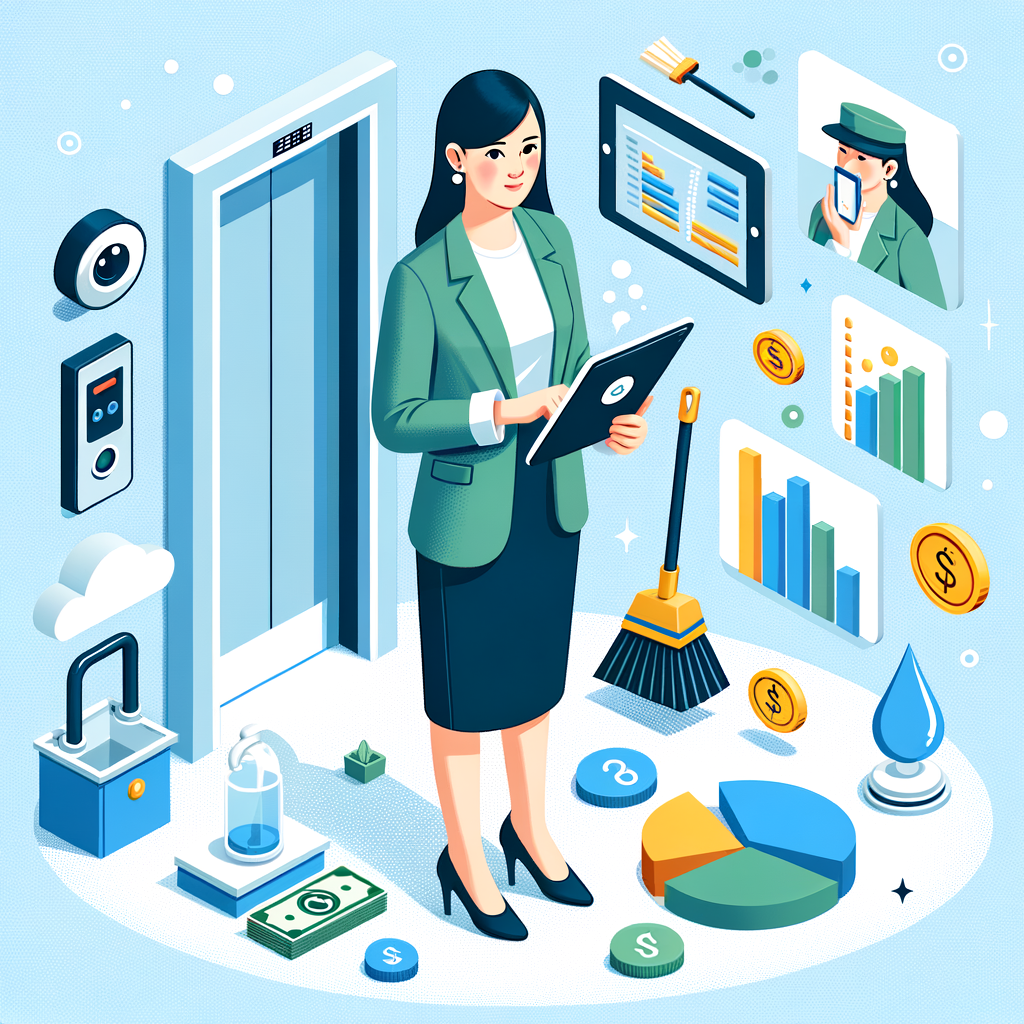 An isometric flat-design illustration in vector style of a South Asian female condominium manager dressed in business casual attire, holding a digital tablet that displays vivid bar and pie charts labeled 'Expenses'. The woman is surrounded by floating icons, symbolizing her daily managerial tasks - an elevator to represent transportation within the condo, a security camera for safety measures, a broom and cleaning supplies for maintenance, a water droplet showing concern for water usage, a lightbulb denoting electrical management, and coins indicating financial matters. The entire composition is set against a fresh white background and incorporates a color scheme of corporate blue and green tones.