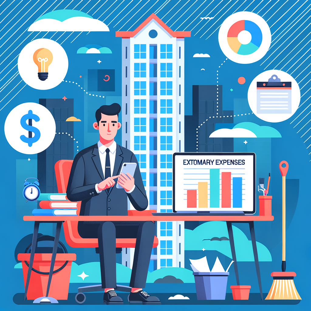 Illustration of a Hispanic condominium manager, sitting at a modern, vibrant desk with a smartphone in one hand showing a condo management application. There's a laptop in front of him presenting color-coded graphs titled 'Ordinary Expenses' in blue and 'Extraordinary Expenses' in red. Behind him is a stylized high-rise building with floating icons such as a broom, water faucet, lightbulb, paint roller, and hammer, symbolizing cleaning, bills, and construction. The entire scene is designed in a flat-vector style, with a professional and clean color palette.