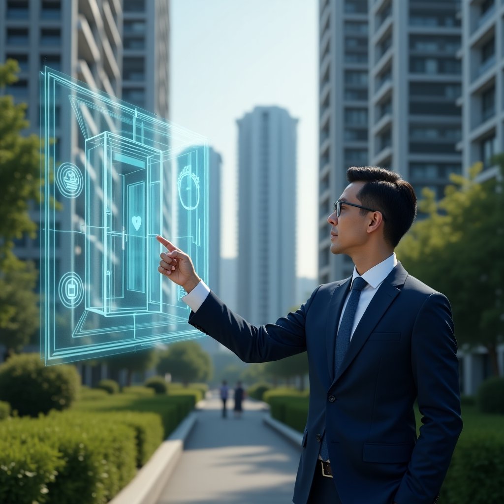 (Ultra-realistic condominium manager in a tailored navy blue suit, set in a modern luxury condominium environment with high-rise buildings and lush green landscaping, standing mid-shot confidently pointing at a floating 3D holographic elevator schematic overlaid with energy efficiency icons and a security shield symbol, cinematic lighting, shallow depth of field, highly detailed textures, realistic skin, photographic realism, 8k resolution --ar 1:1 --v 6)