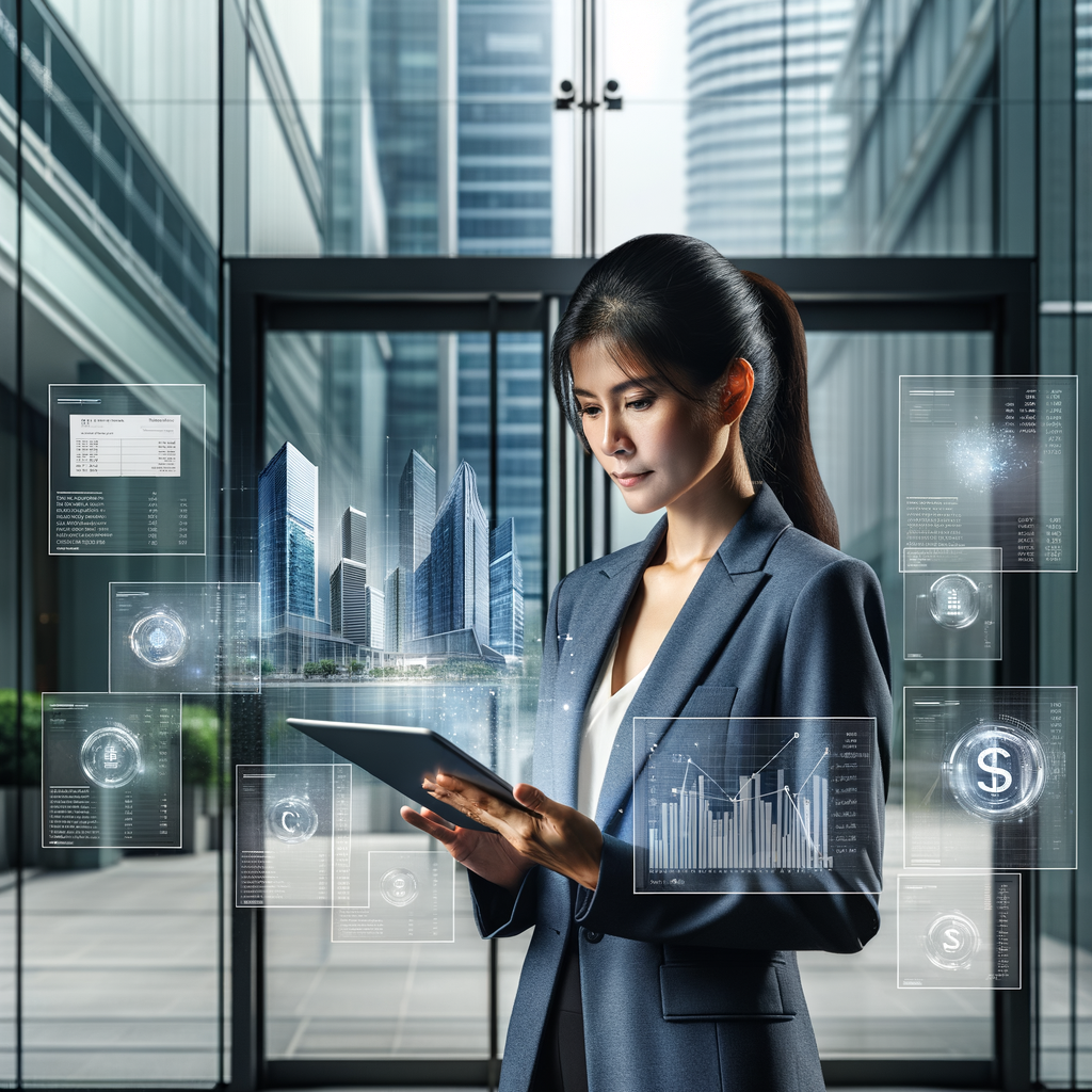 A high-resolution image of a professional South Asian female condominium manager standing in a bright and modern lobby of a towering urban building. She is engrossed in reviewing intricate financial charts and comprehensive expense breakdowns displayed on a sleek, high-tech tablet she holds. The glass doors in the background provide a clear view of the impressive building façade, further enhancing the modern aesthetics. Scattered around her are subtle digital interface elements, with icons of coins, invoices, and graphs, symbolizing financial transactions and data analysis, subtly hovering in the air, enhancing the overall professional appeal of the scene.
