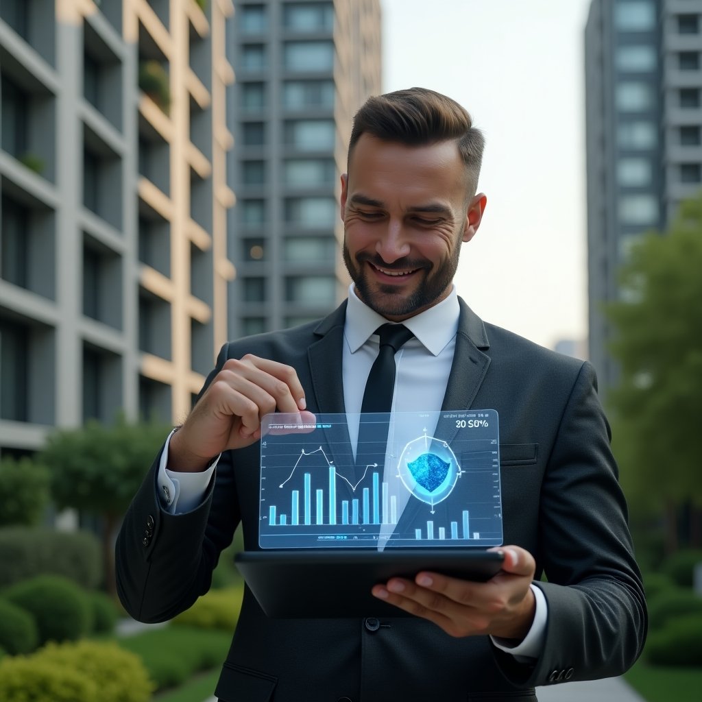 (Ultra-realistic condominium property manager in a tailored dark gray suit, set in a modern luxury condominium environment with high-rise buildings and lush green landscaping, holding a tablet displaying holographic fractional charts and an insurance shield icon, pointing at interactive 3D graphs with a confident, analytical expression, cinematic lighting, shallow depth of field, highly detailed textures, realistic skin, photographic realism, 8k resolution --ar 1:1 --v 6)