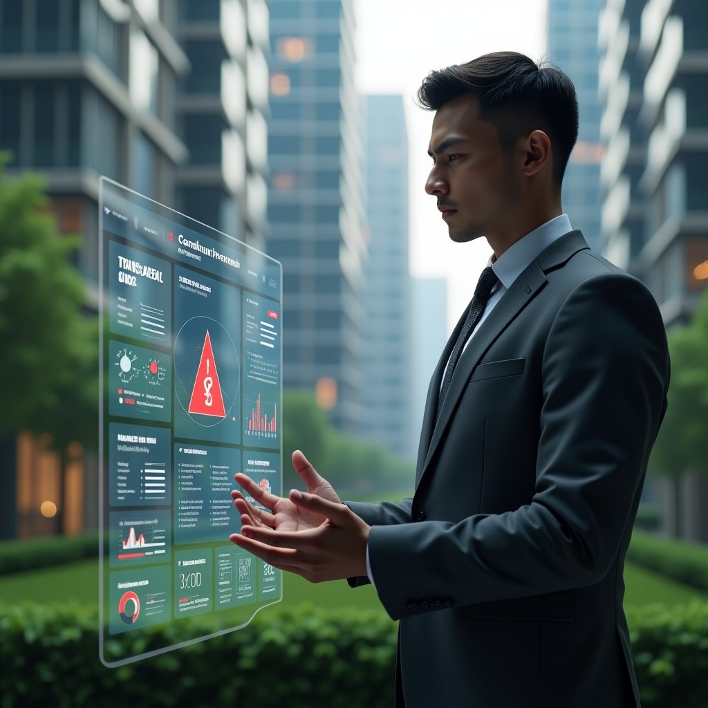 (Ultra-realistic condominium manager in a charcoal grey suit, set in a modern luxury condominium environment with high-rise buildings and lush green landscaping, examining a holographic dashboard with red warning icons for financial imbalance, transparency gaps, maintenance alerts and legal compliance, confident and determined expression, cinematic lighting, shallow depth of field, highly detailed textures, realistic skin, photographic realism, 8k resolution --ar 1:1 --v 6)
