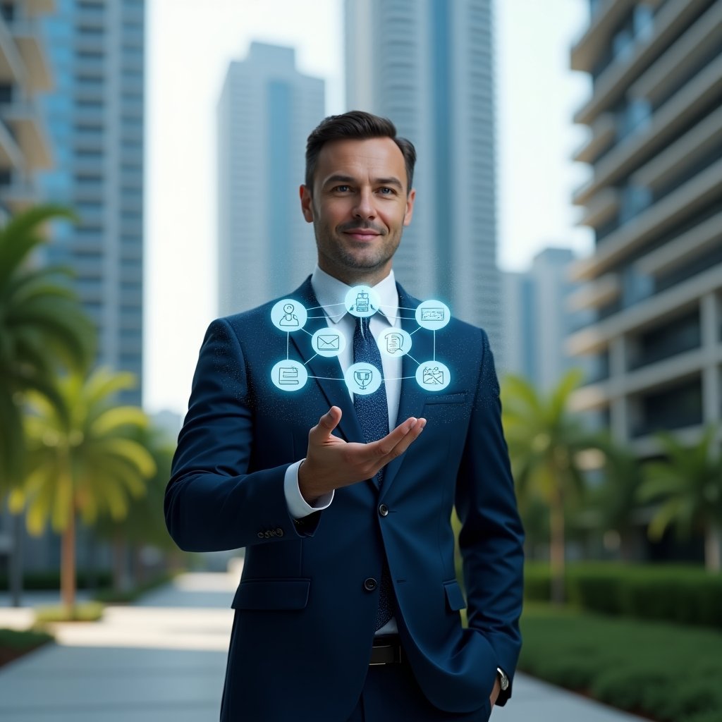 (Ultra-realistic condominium manager in a tailored navy blue suit, set in a modern luxury condominium environment with high-rise buildings and lush green landscaping, standing confidently while interacting with a floating holographic interface displaying seven icons for finance, maintenance, communication, legal compliance, vendor selection, transparency, and technology, cinematic lighting, shallow depth of field, highly detailed textures, realistic skin, photographic realism, 8k resolution --ar 1:1 --v 6)