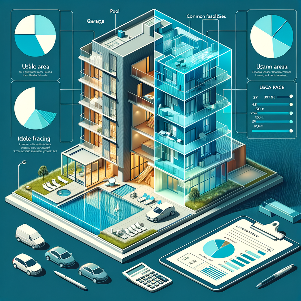 Generate a vibrant, professional infographic-style illustration of a contemporary multi-story condominium building, its half-section revealing the interior floor plans and shared spaces. On the left, accentuate an individual apartment's space with a translucent blue overlay, accompanied by clear typography reading 'Usable Area'. On the right, depict common facilities (lobby, pool, garage) under a 3D pie chart overlay depicting each apartment's proportionate share, labeled 'Ideal Fraction'. Place a streamlined tablet or clipboard in the foreground, showing a simplified financial report and a calculator. The style should mirror clean vector art with an appealing, yet professional color spectrum.