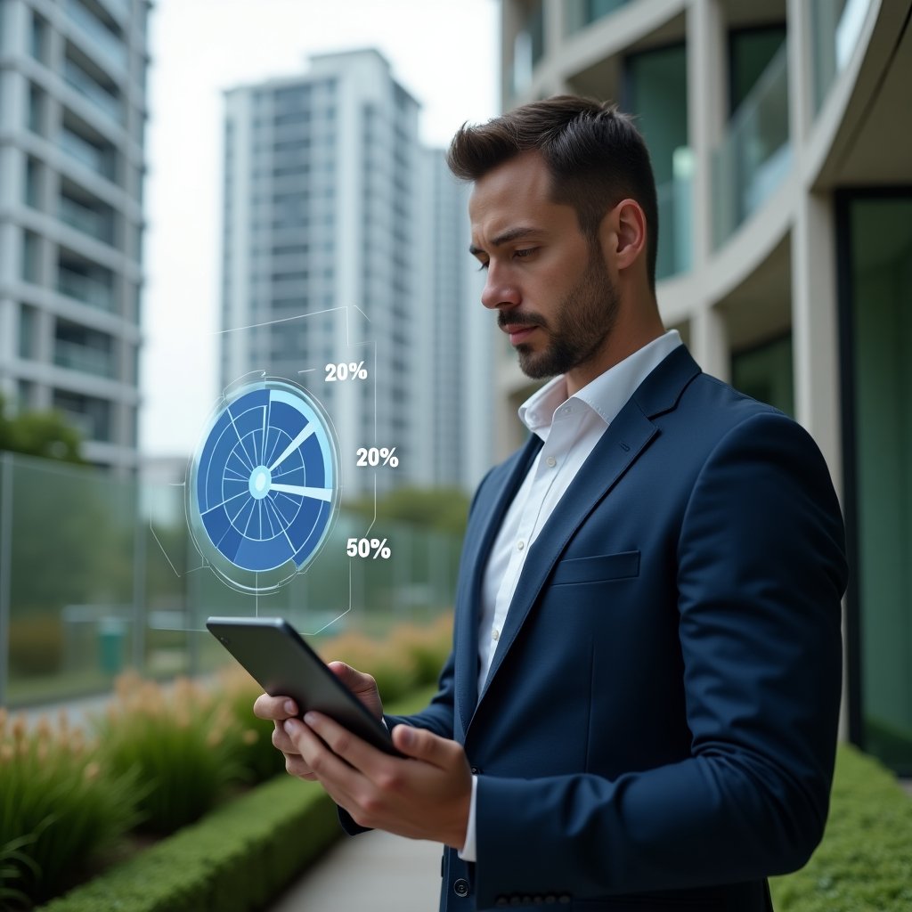 (Ultra-realistic condominium manager in a navy suit, set in a modern luxury condominium environment with high-rise buildings and well-manicured green landscaping, holding a tablet and examining a holographic pie chart of unit share percentages floating above the device, confident and analytical expression, cinematic lighting, shallow depth of field, highly detailed textures, realistic skin, photographic realism, 8k resolution --ar 1:1 --v 6)