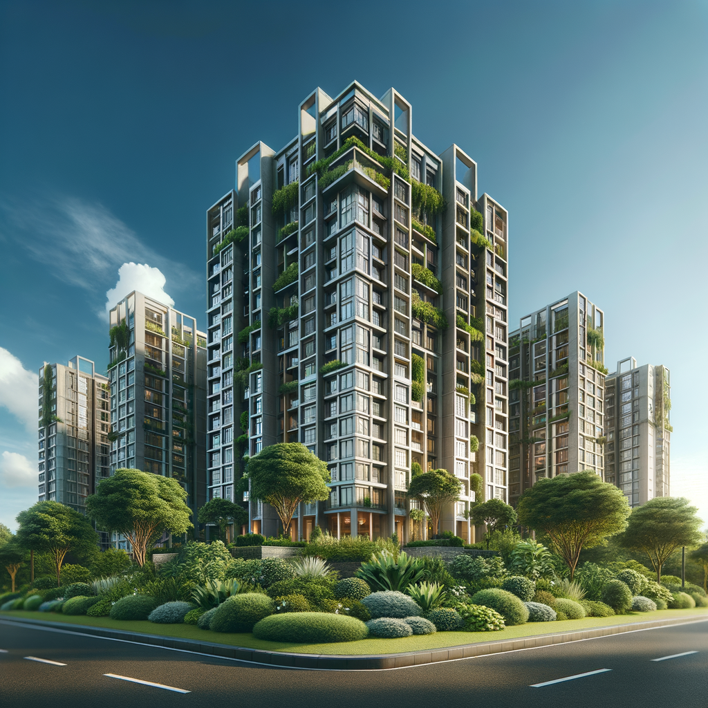 Focus on a modern condominium building exterior standing tall against a backdrop of clear bright blue sky. The architectural details of the building's facade should be prominent, showcasing its well-kept and upscale nature. Around the base of the building, dense luscious greenery with elements of thoughtfully designed landscaping should be visible. The image, pervaded with brightness and professionalism, should evoke feelings of safety, community, and high-end living. This scene would look at home within an article discussing efficient condominium management.