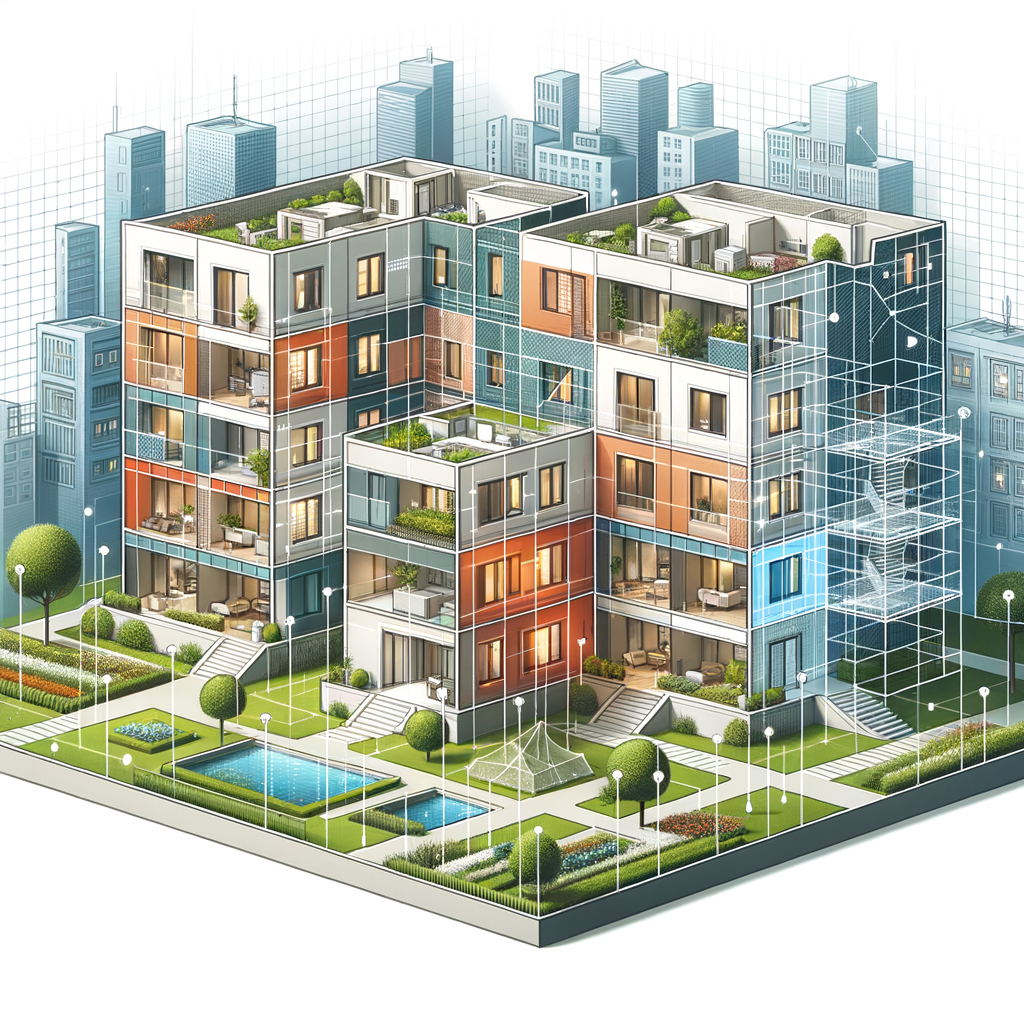 Create a modern and minimalist digital cross-sectional illustration of an apartment building, providing a clear distinction between individual apartment units, which represent private areas, and shared spaces such as hallways, elevators, and gardens, which represent common areas. Make use of subtle color variations to differentiate between the areas. Incorporate a semi-transparent geometric pattern such as a grid or triangular mesh over the image to emphasize the concept of proportional division or 'fractional' ownership. The design should have a clean, professional style and be easily understandable to cater to a general audience with an interest in real estate and property management.