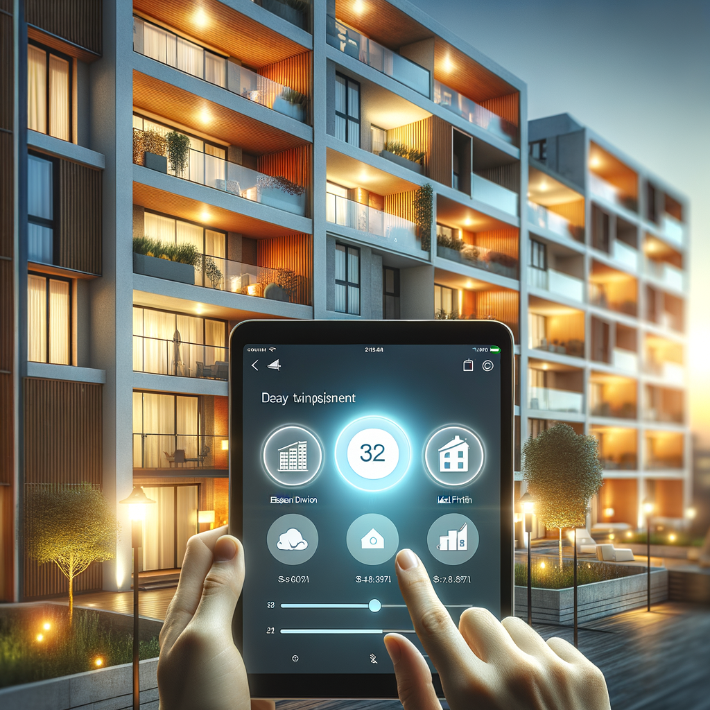 A photograph of a modern residential building with brightly-lit apartments and inviting balconies. The foreground features a tablet with a clean, intuitive interface of a condominium management app displayed. The app illustrates the ease and transparency of managing the ideal fraction and expenses, via clear graphics and intuitive icons that depict the expense division and the ideal fraction of each unit. The lighting is soft and inviting, conveying trust and modernity.