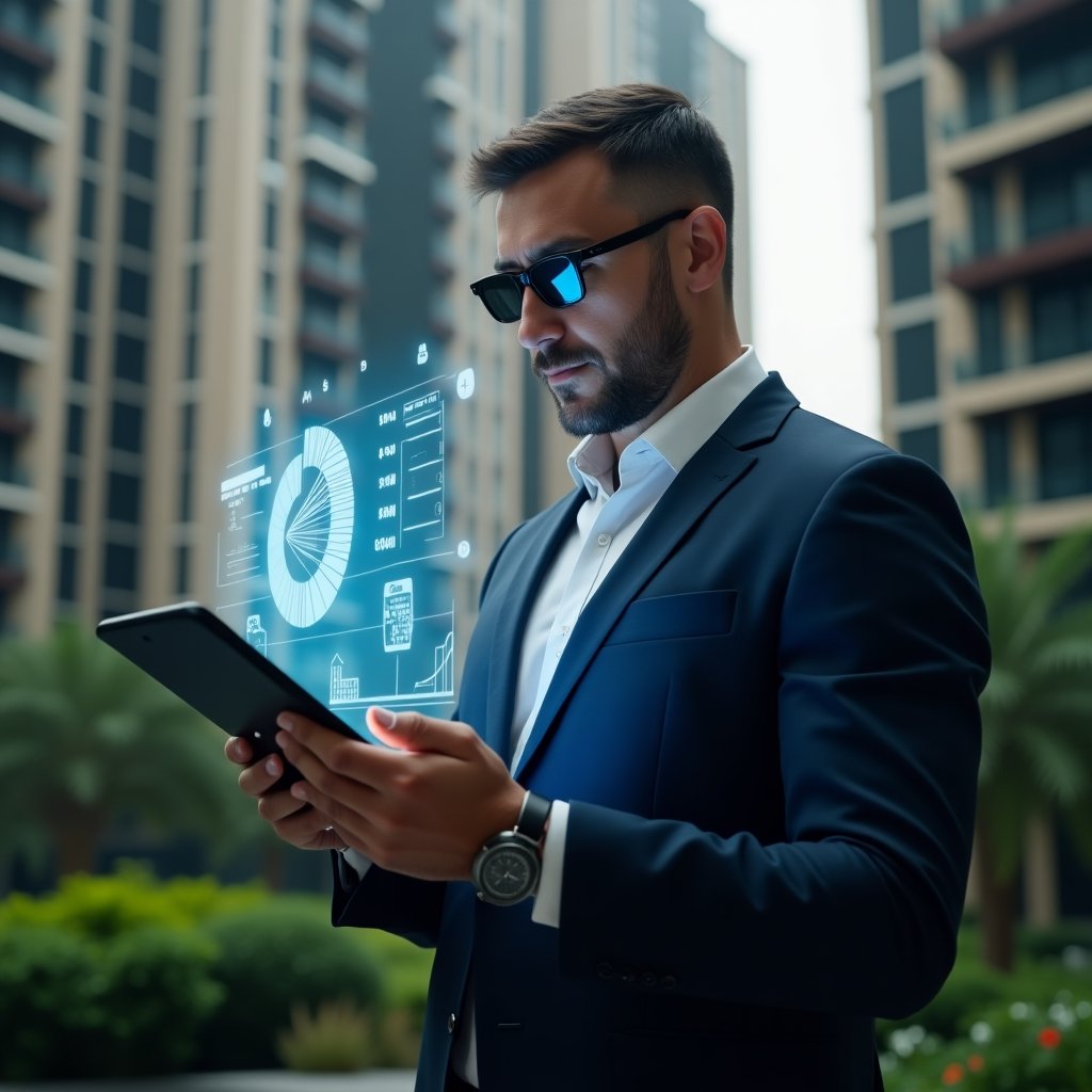 Ultra-realistic condominium manager in a tailored navy suit, set in a modern luxury condominium environment with high-rise buildings and lush green landscaping, medium shot: the manager examines a tablet displaying a holographic pie chart overlay representing fração ideal allocation, confident and thoughtful expression, floating holograms of building icons and calculator symbols around, cinematic lighting, shallow depth of field, highly detailed textures, realistic skin, photographic realism, 8k resolution --ar 1:1 --v 6